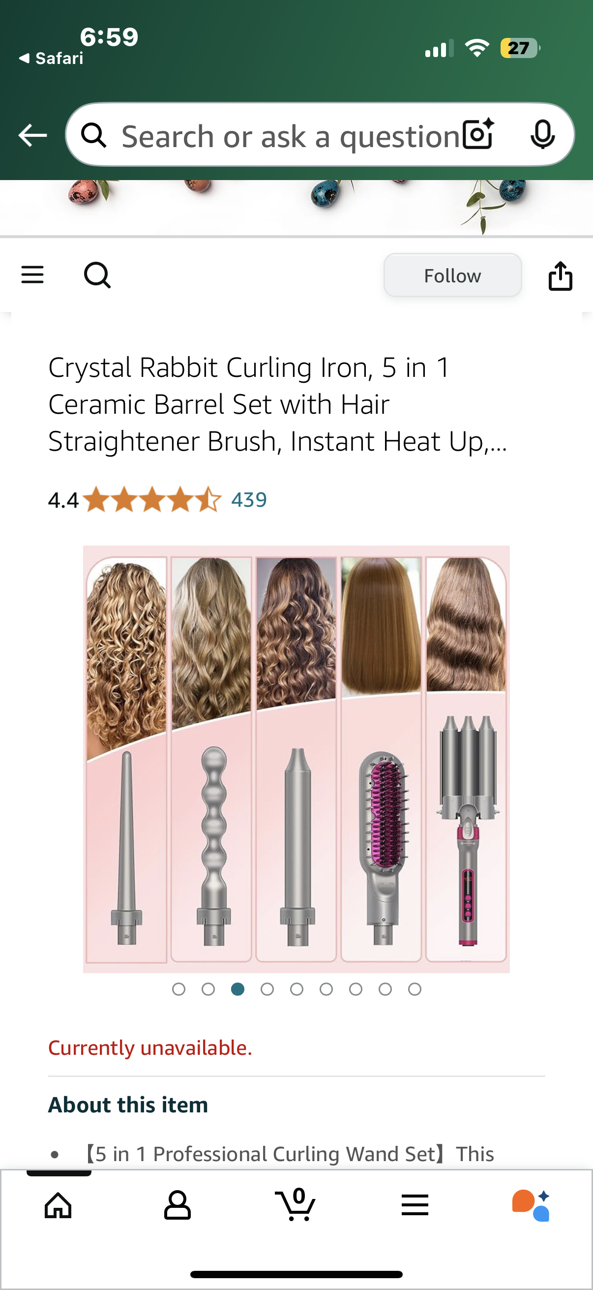 Crystal Rabbit Curling Iron, 5 in 1 Ceramic Barrel Set with Hair Straightener Brush, Instant Heat Up, LCD Temp Control, Ideal Gift