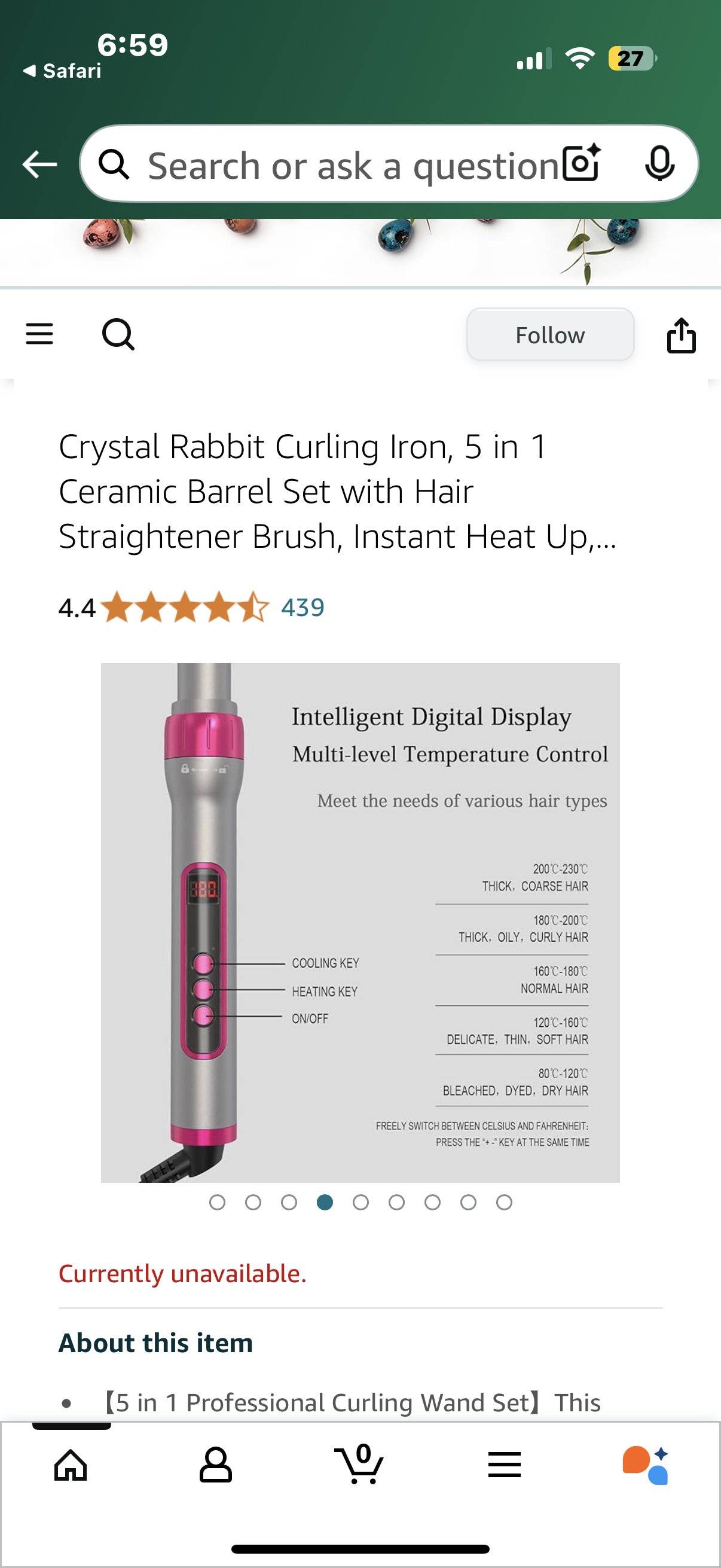 Crystal Rabbit Curling Iron, 5 in 1 Ceramic Barrel Set with Hair Straightener Brush, Instant Heat Up, LCD Temp Control, Ideal Gift