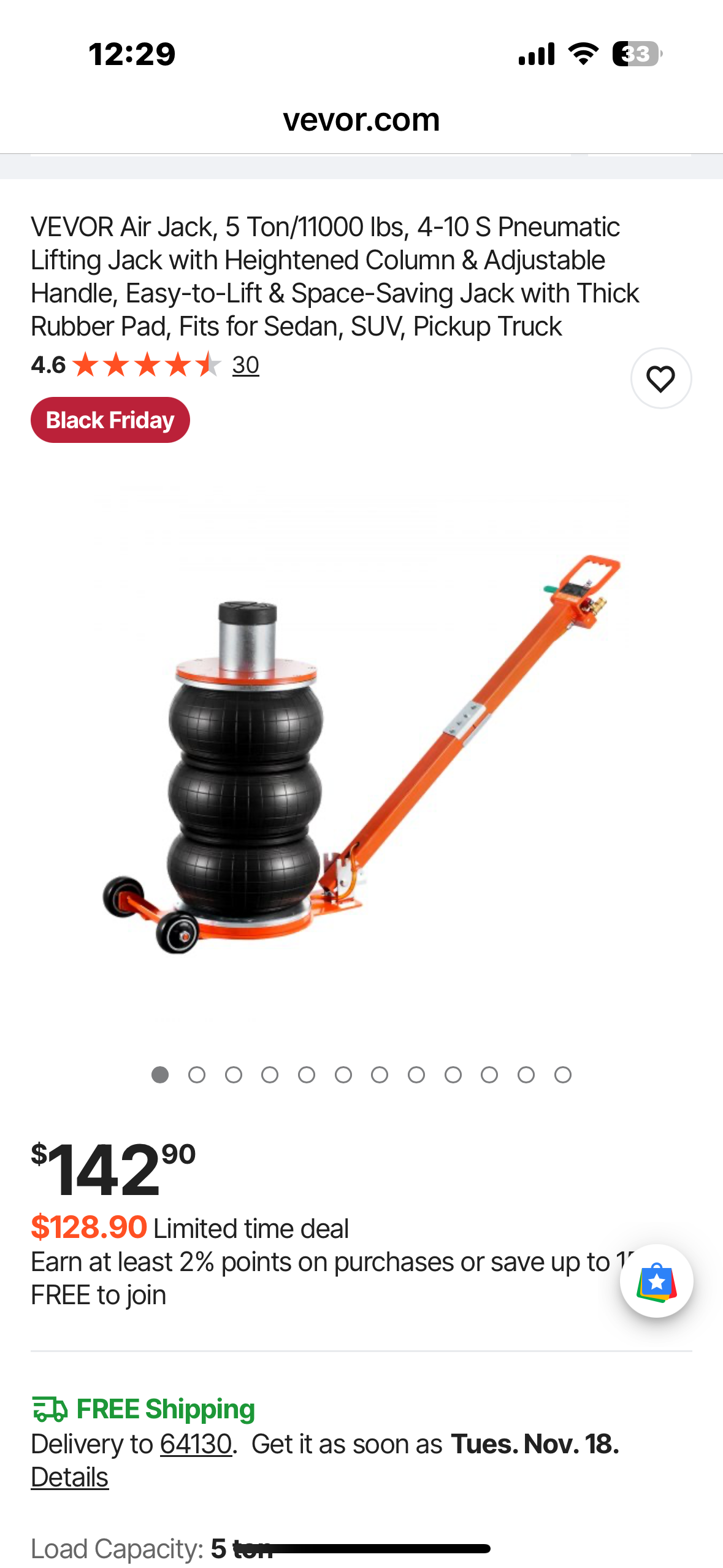 VEVOR Air Jack, 5 Ton/11000 los, 4-10 S Pneumatic Lifting Jack with Heightened Column, Easy-to-Lift & Space-Saving Jack with Thick Rubber Pad, Fits for Sedan, SUV, Pickup Truck  (G913)