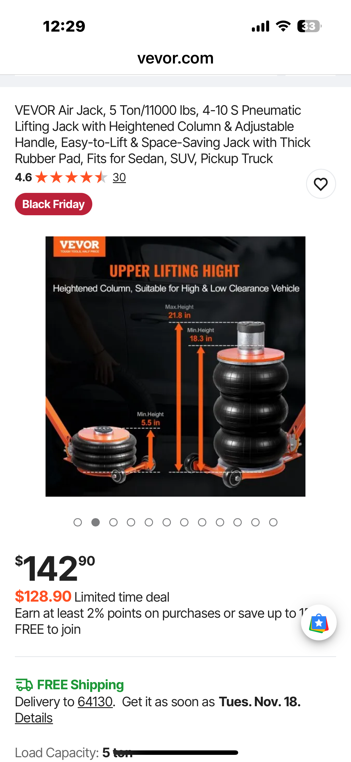 VEVOR Air Jack, 5 Ton/11000 los, 4-10 S Pneumatic Lifting Jack with Heightened Column, Easy-to-Lift & Space-Saving Jack with Thick Rubber Pad, Fits for Sedan, SUV, Pickup Truck  (G913)