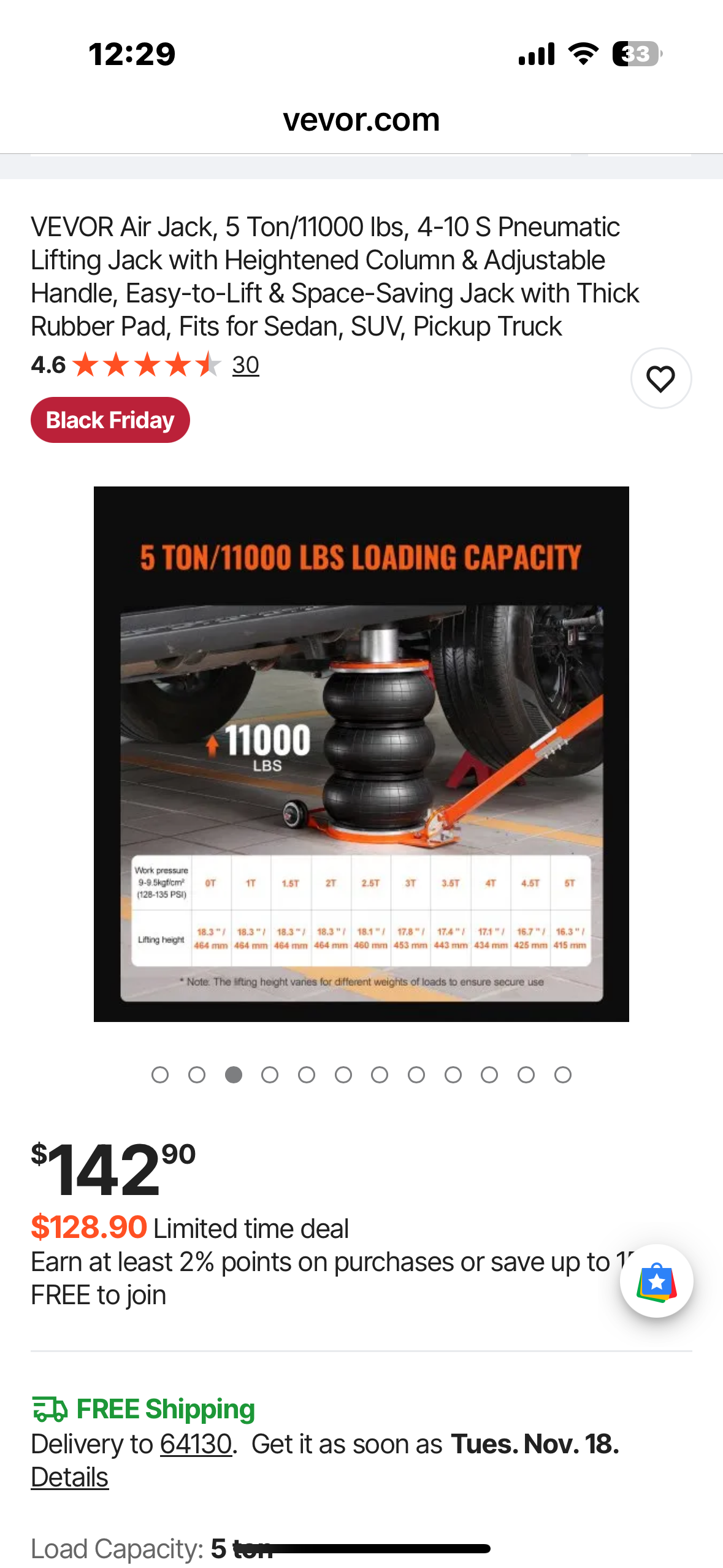 VEVOR Air Jack, 5 Ton/11000 los, 4-10 S Pneumatic Lifting Jack with Heightened Column, Easy-to-Lift & Space-Saving Jack with Thick Rubber Pad, Fits for Sedan, SUV, Pickup Truck  (G913)