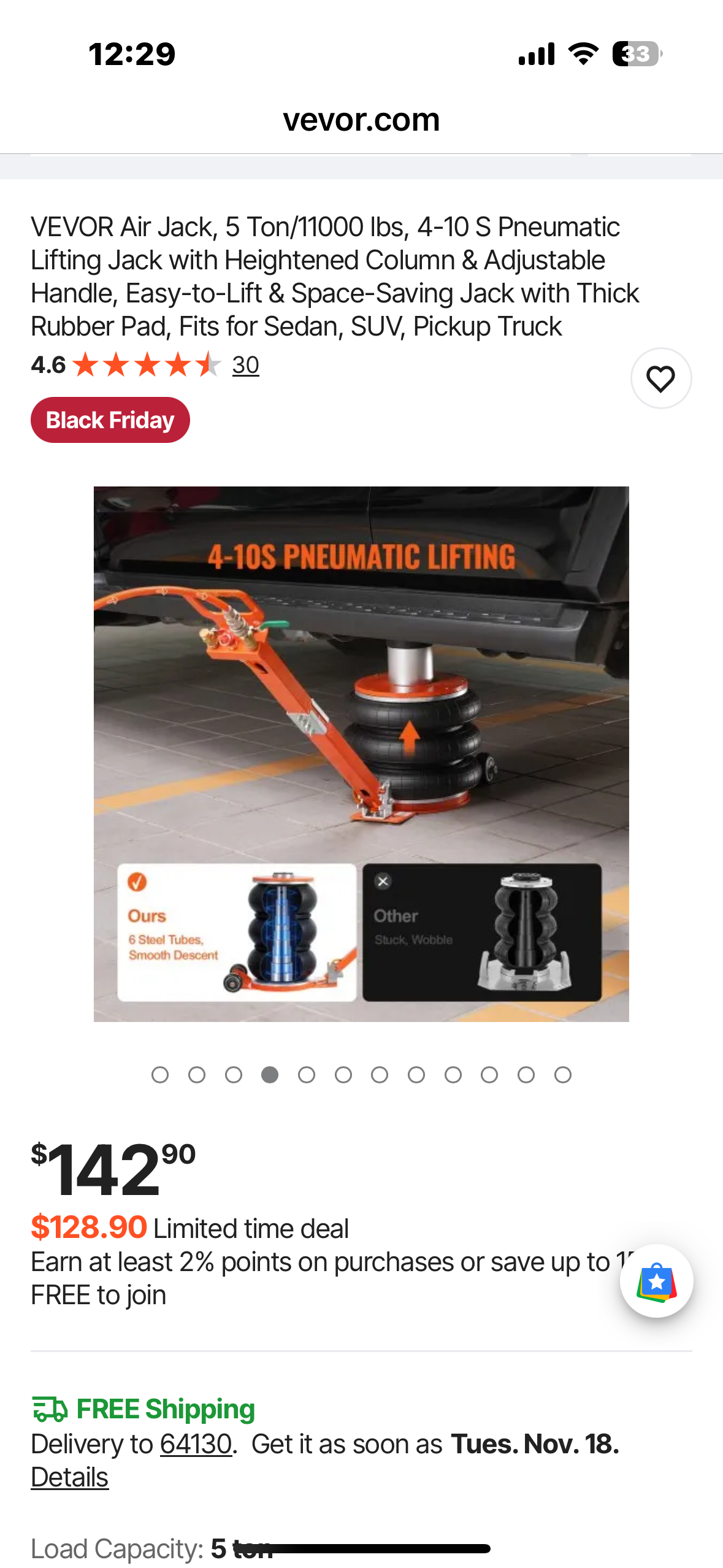 VEVOR Air Jack, 5 Ton/11000 los, 4-10 S Pneumatic Lifting Jack with Heightened Column, Easy-to-Lift & Space-Saving Jack with Thick Rubber Pad, Fits for Sedan, SUV, Pickup Truck  (G913)