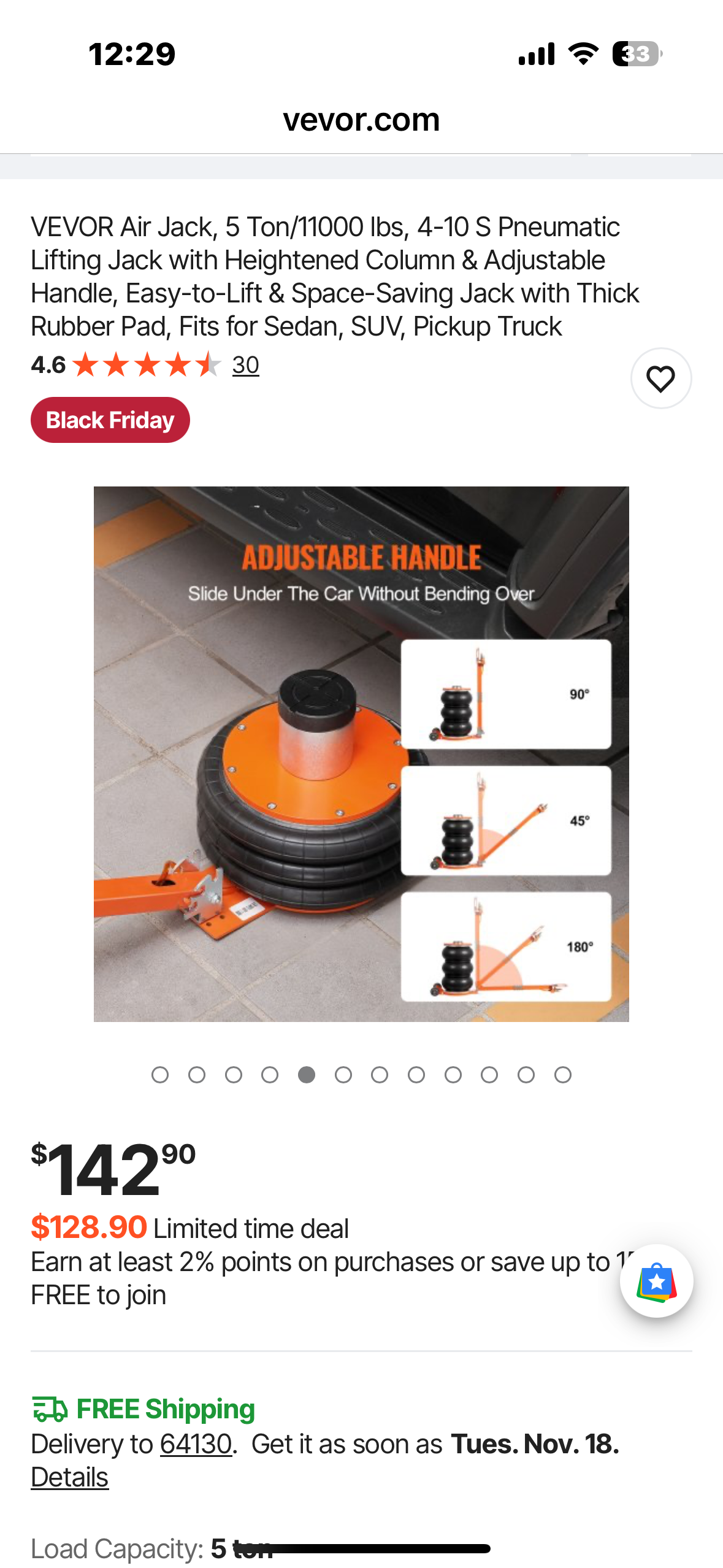 VEVOR Air Jack, 5 Ton/11000 los, 4-10 S Pneumatic Lifting Jack with Heightened Column, Easy-to-Lift & Space-Saving Jack with Thick Rubber Pad, Fits for Sedan, SUV, Pickup Truck  (G913)