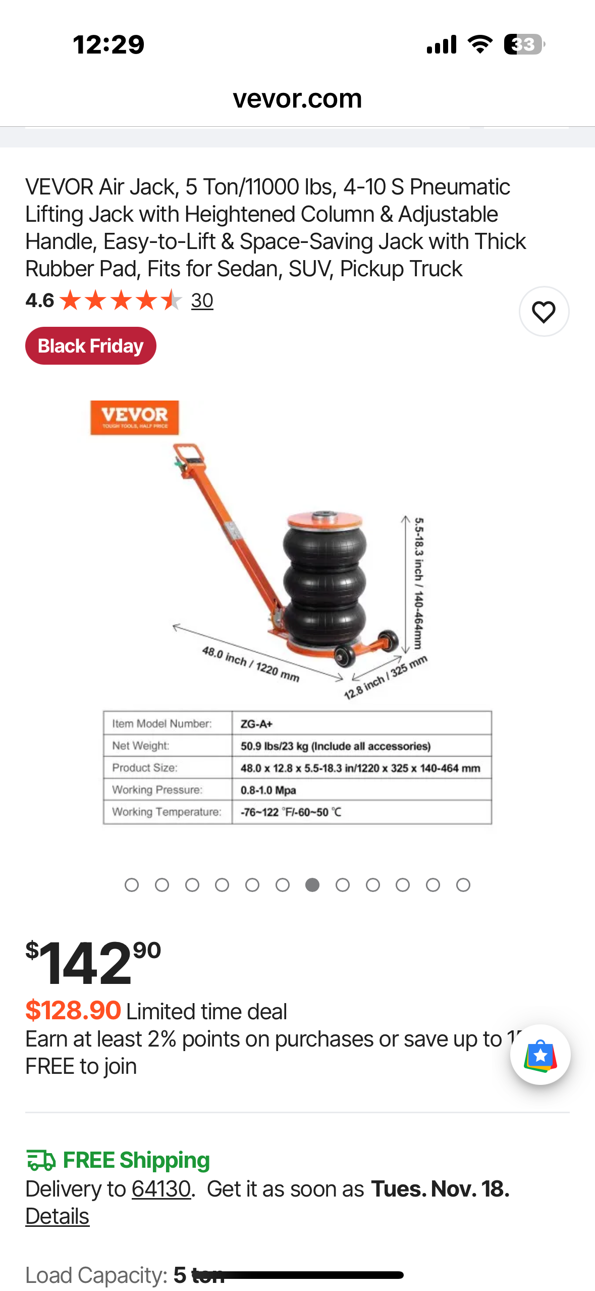 VEVOR Air Jack, 5 Ton/11000 los, 4-10 S Pneumatic Lifting Jack with Heightened Column, Easy-to-Lift & Space-Saving Jack with Thick Rubber Pad, Fits for Sedan, SUV, Pickup Truck  (G913)