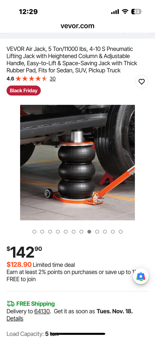 VEVOR Air Jack, 5 Ton/11000 los, 4-10 S Pneumatic Lifting Jack with Heightened Column, Easy-to-Lift & Space-Saving Jack with Thick Rubber Pad, Fits for Sedan, SUV, Pickup Truck  (G913)