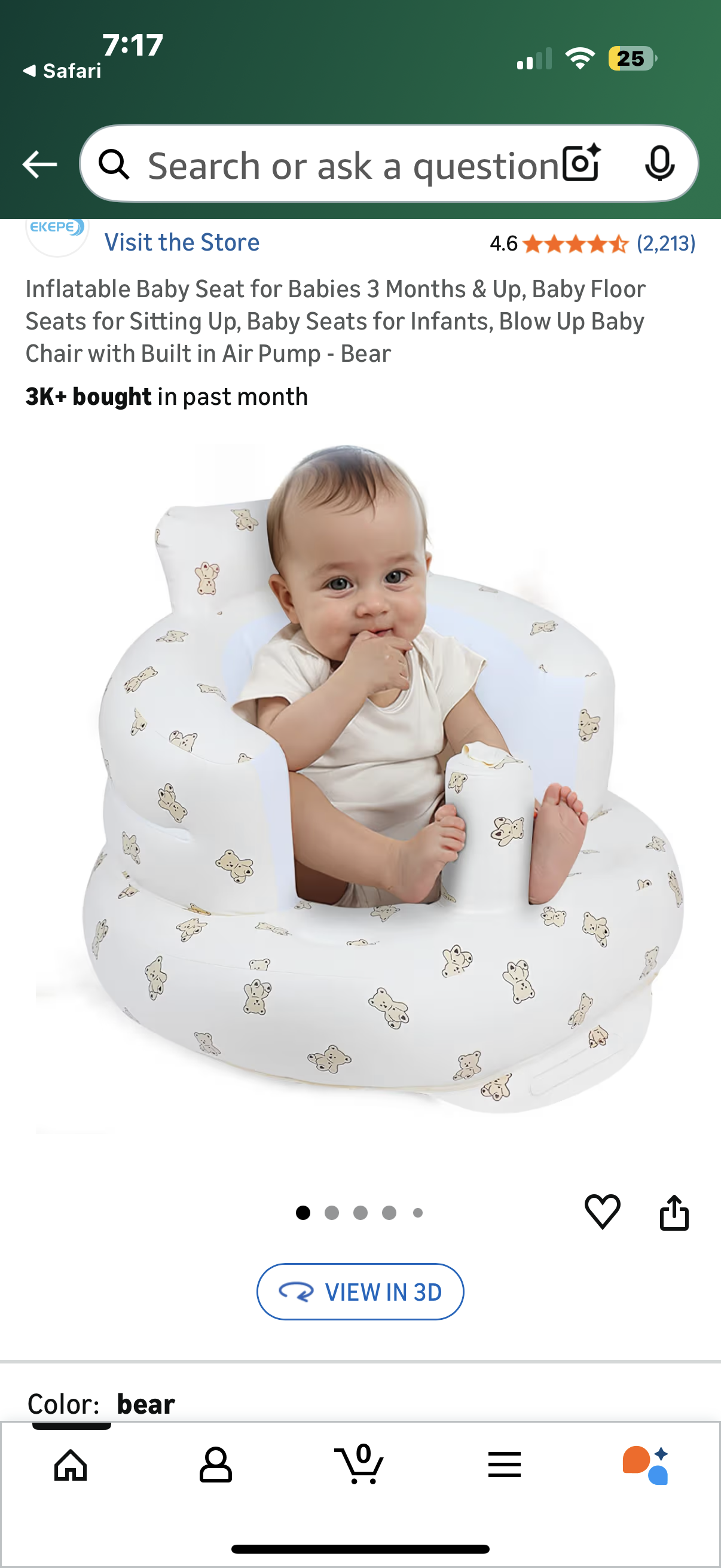Inflatable Baby Seat for Babies 3 Months & Up, Baby Floor Seats for Sitting Up, Baby Seats for Infants, Blow Up Baby Chair with Built in Air Pump - Bear 3K