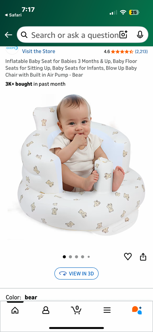 Inflatable Baby Seat for Babies 3 Months & Up, Baby Floor Seats for Sitting Up, Baby Seats for Infants, Blow Up Baby Chair with Built in Air Pump - Bear 3K
