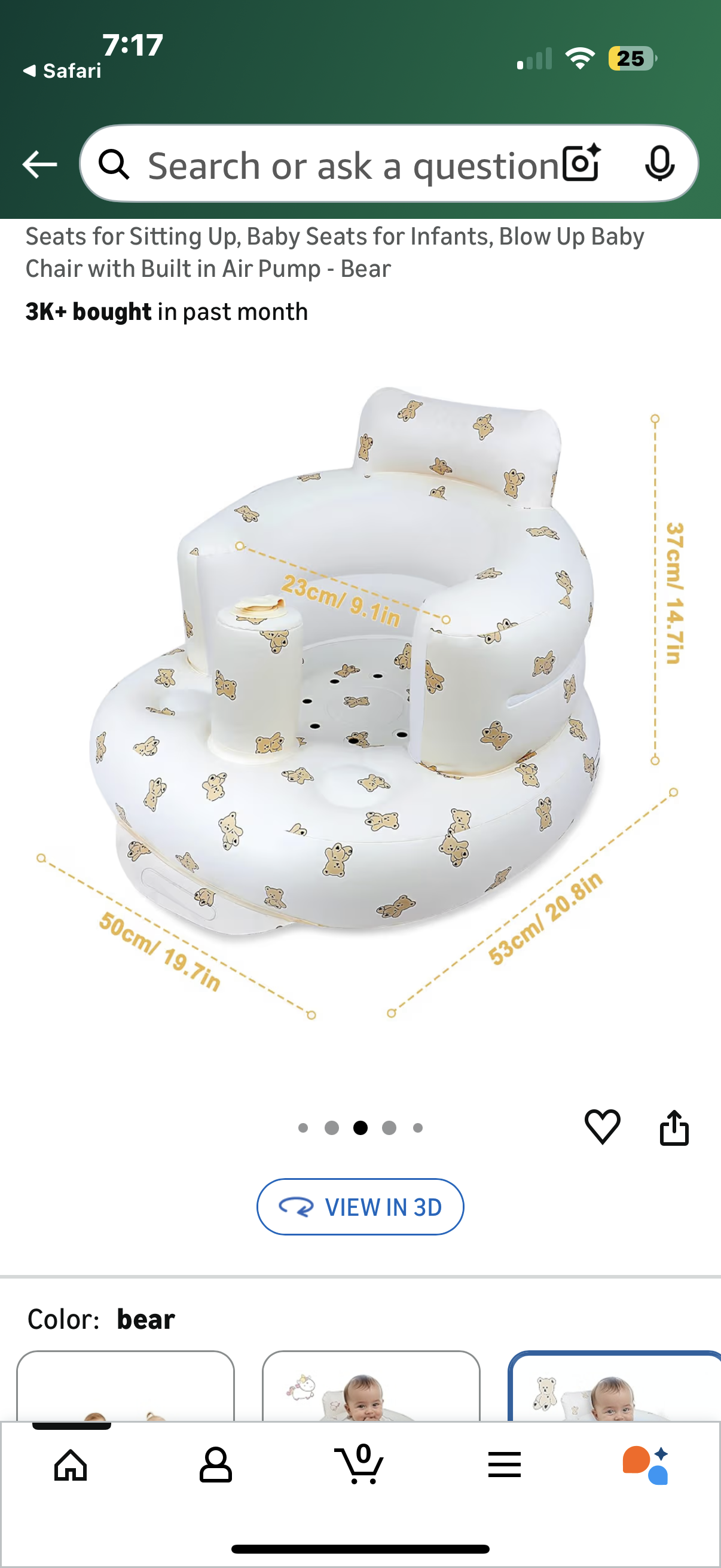 Inflatable Baby Seat for Babies 3 Months & Up, Baby Floor Seats for Sitting Up, Baby Seats for Infants, Blow Up Baby Chair with Built in Air Pump - Bear 3K