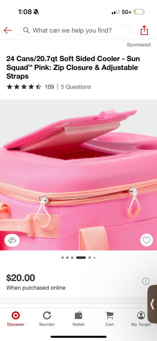 24 Cans/20.7qt Soft Sided Cooler - Sun Squad™ Pink: Zip Closure & Adjustable Straps