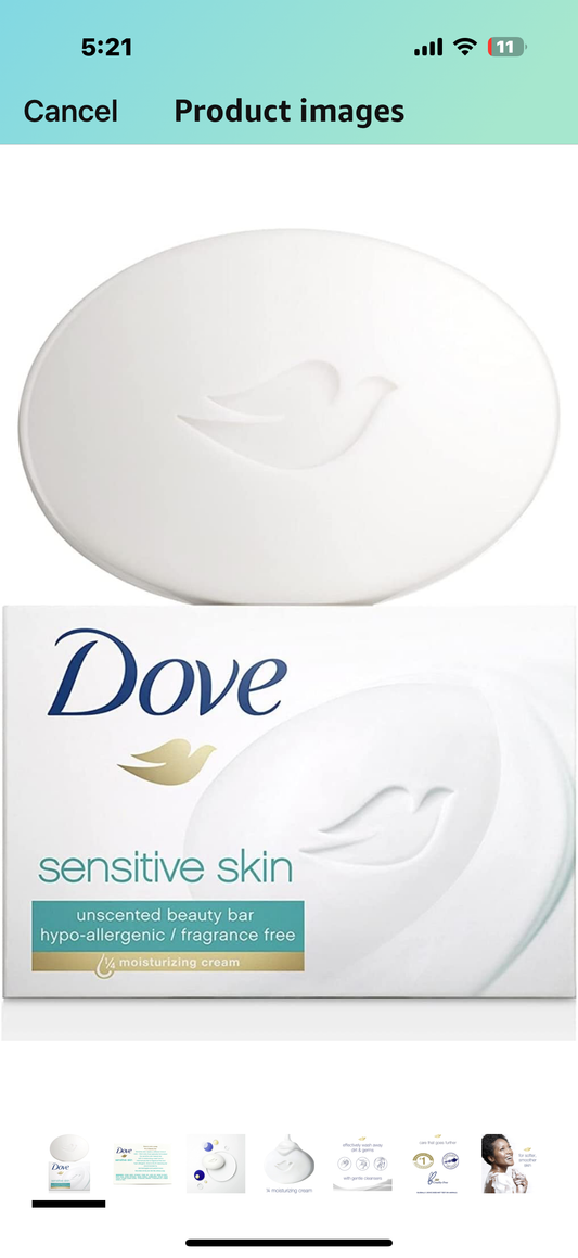 Dove Beauty Bar Sensitive Skin Cleanser Hypo-Allergenic Fragrance Free Moisturizing for Gentle Soft Skin Care Original Made With 1/4 Moisturizing Cream 2.6 oz