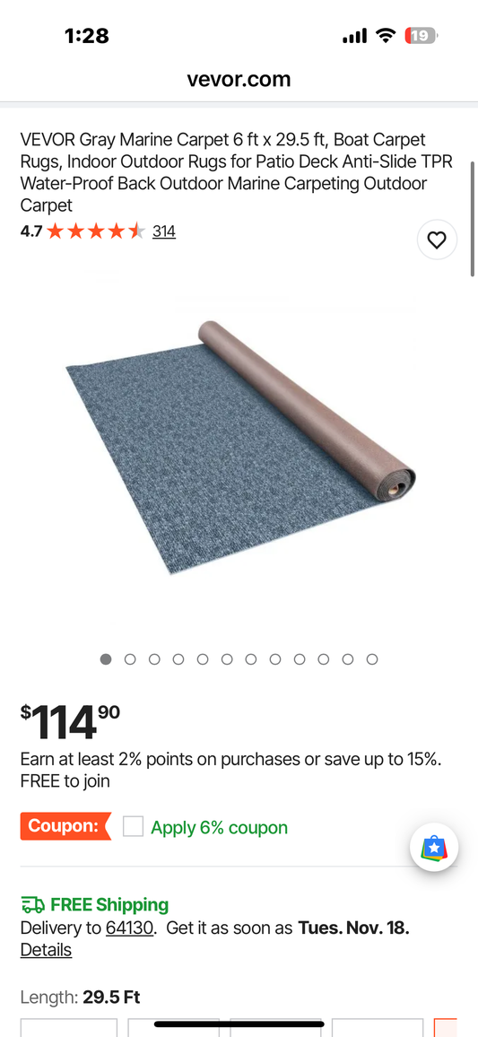 VEVOR Smokey Gray Marine Carpet 6 ft x 29.5 ft, Boat Carpet Rugs, Indoor Outdoor Rugs for Patio, Deck, Anti-Slide TPR Water-Proof Back, Outdoor Carpet (G914)