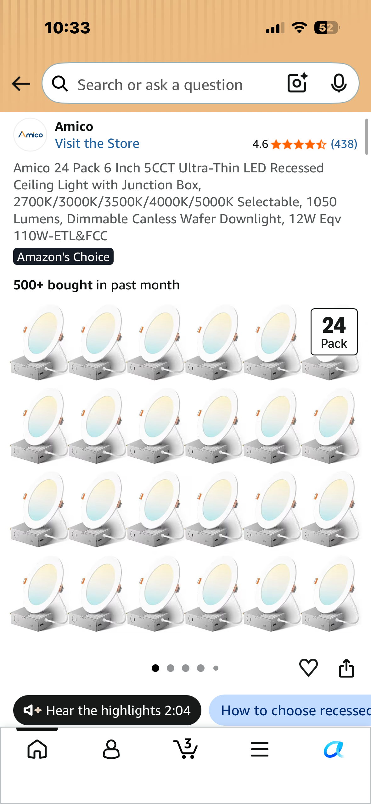 Amico 24 Pack, 6 Inch 5CCT Ultra-Thin LED Recessed Ceiling Light with Junction Box, 2700K/3000K/3500K/4000K/5000K Selectable, 1050 Lumens, Dimmable Canless Wafer Downlight, 12W Eqv 110W-ETL&FCC