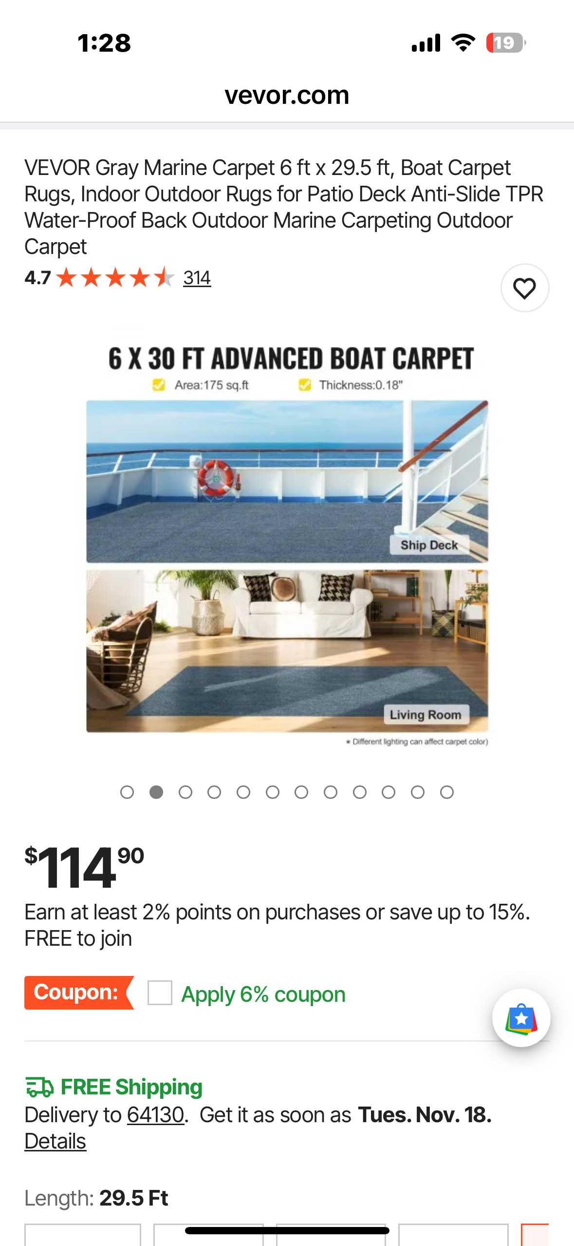 VEVOR Smokey Gray Marine Carpet 6 ft x 29.5 ft, Boat Carpet Rugs, Indoor Outdoor Rugs for Patio, Deck, Anti-Slide TPR Water-Proof Back, Outdoor Carpet (G914)