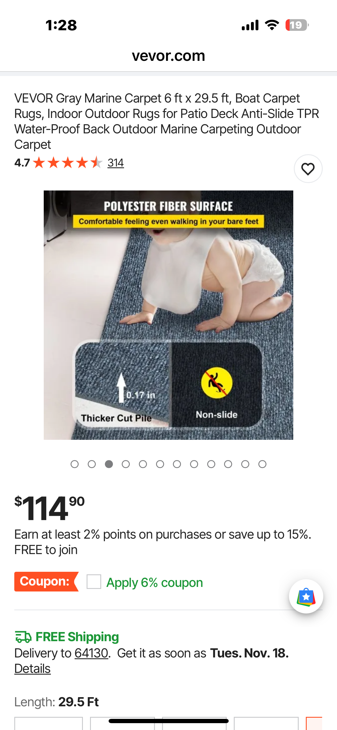 VEVOR Smokey Gray Marine Carpet 6 ft x 29.5 ft, Boat Carpet Rugs, Indoor Outdoor Rugs for Patio, Deck, Anti-Slide TPR Water-Proof Back, Outdoor Carpet (G914)