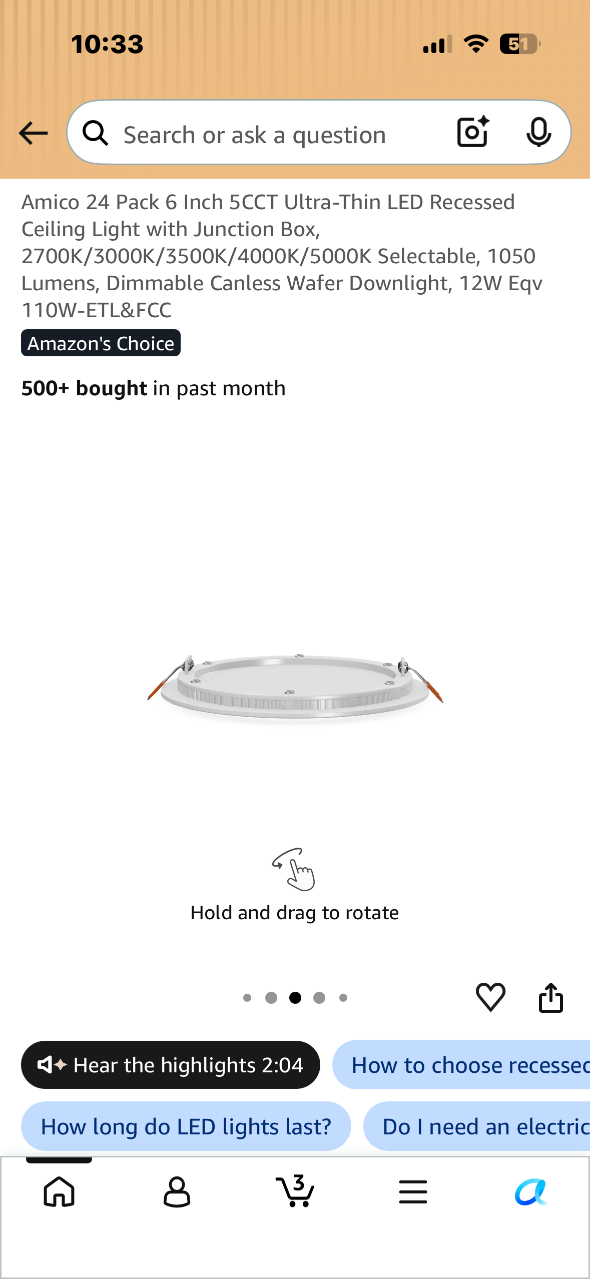 Amico 24 Pack, 6 Inch 5CCT Ultra-Thin LED Recessed Ceiling Light with Junction Box, 2700K/3000K/3500K/4000K/5000K Selectable, 1050 Lumens, Dimmable Canless Wafer Downlight, 12W Eqv 110W-ETL&FCC