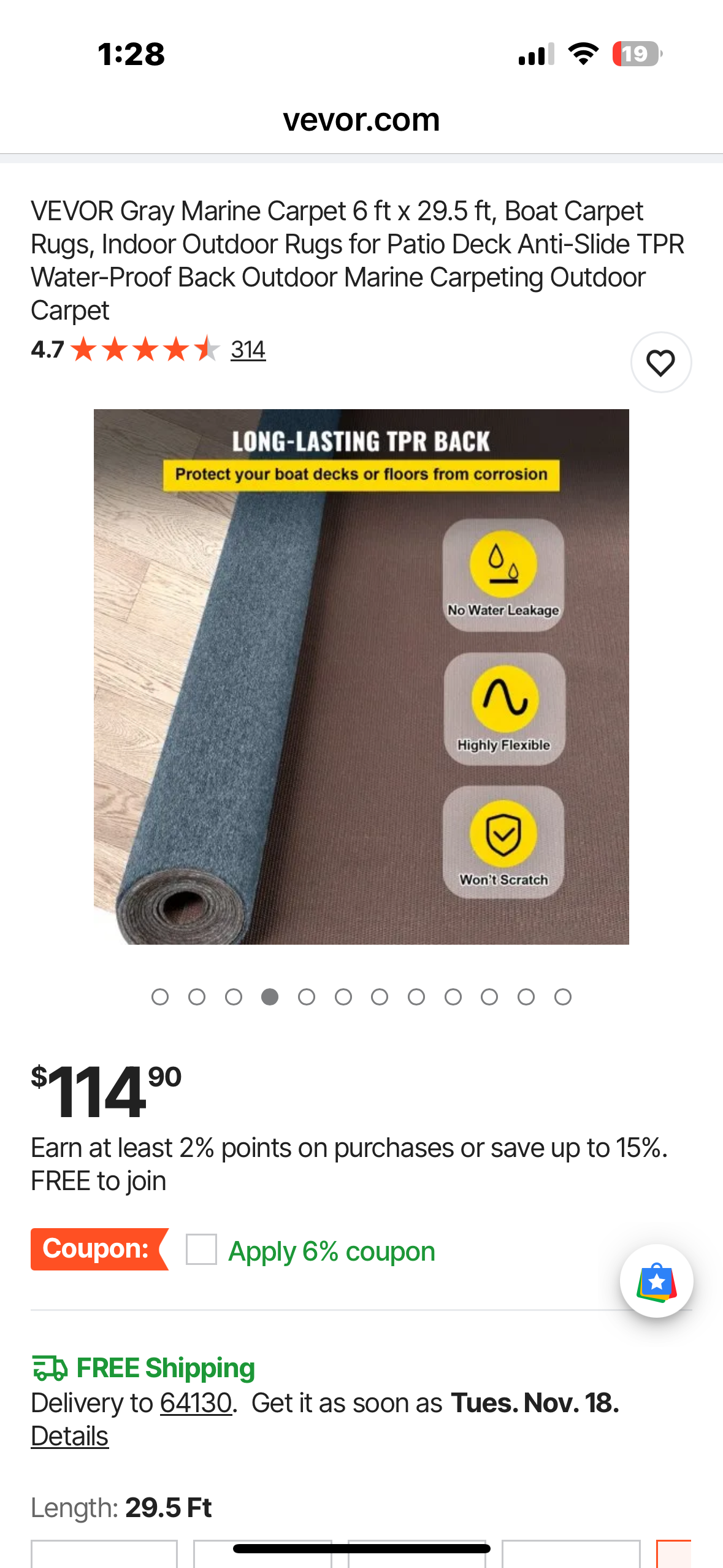 VEVOR Smokey Gray Marine Carpet 6 ft x 29.5 ft, Boat Carpet Rugs, Indoor Outdoor Rugs for Patio, Deck, Anti-Slide TPR Water-Proof Back, Outdoor Carpet (G914)