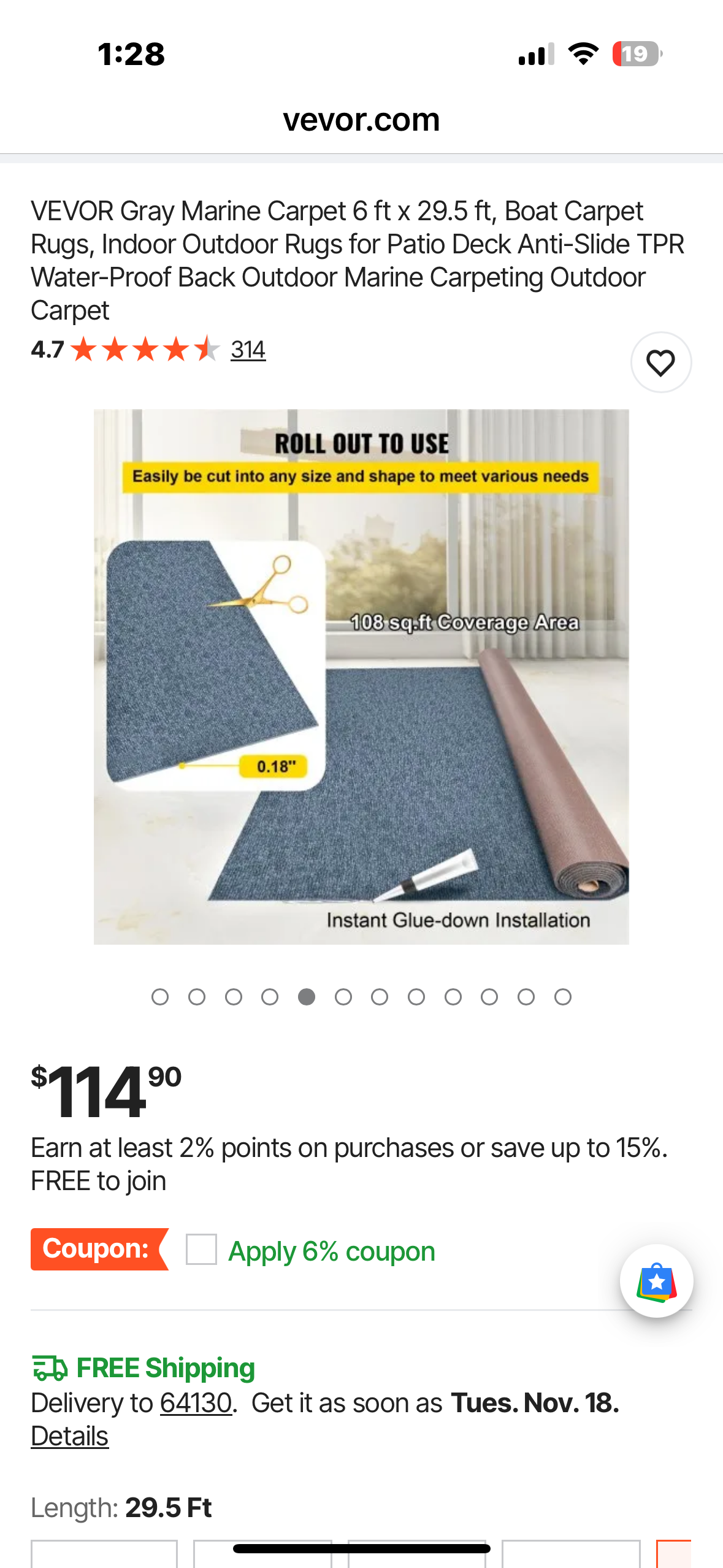 VEVOR Smokey Gray Marine Carpet 6 ft x 29.5 ft, Boat Carpet Rugs, Indoor Outdoor Rugs for Patio, Deck, Anti-Slide TPR Water-Proof Back, Outdoor Carpet (G914)