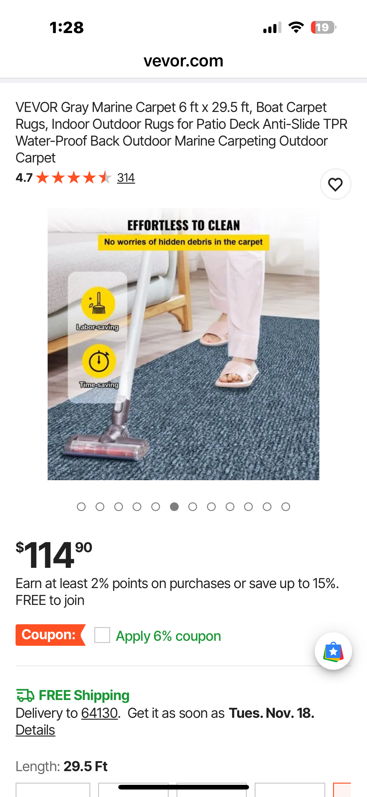 VEVOR Smokey Gray Marine Carpet 6 ft x 29.5 ft, Boat Carpet Rugs, Indoor Outdoor Rugs for Patio, Deck, Anti-Slide TPR Water-Proof Back, Outdoor Carpet (G914)