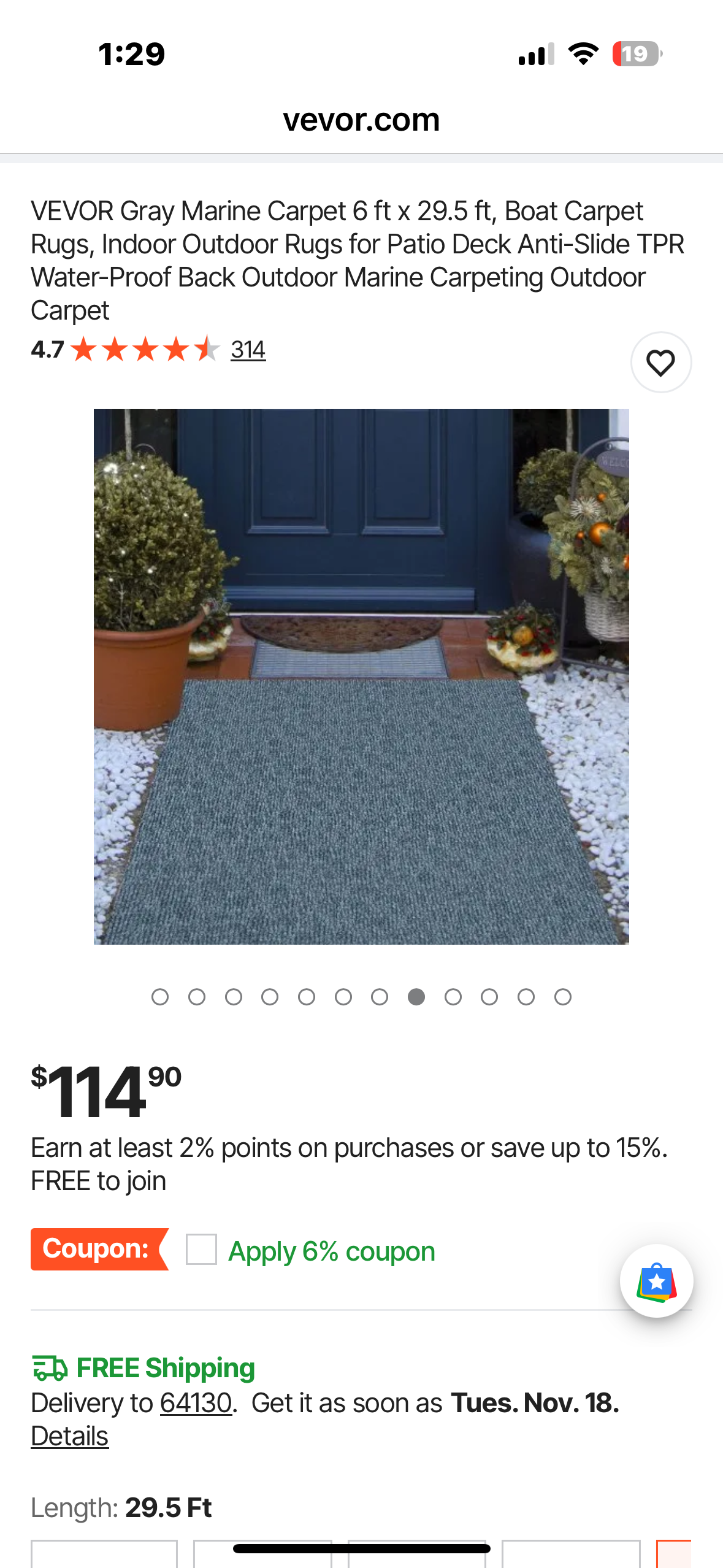 VEVOR Smokey Gray Marine Carpet 6 ft x 29.5 ft, Boat Carpet Rugs, Indoor Outdoor Rugs for Patio, Deck, Anti-Slide TPR Water-Proof Back, Outdoor Carpet (G914)