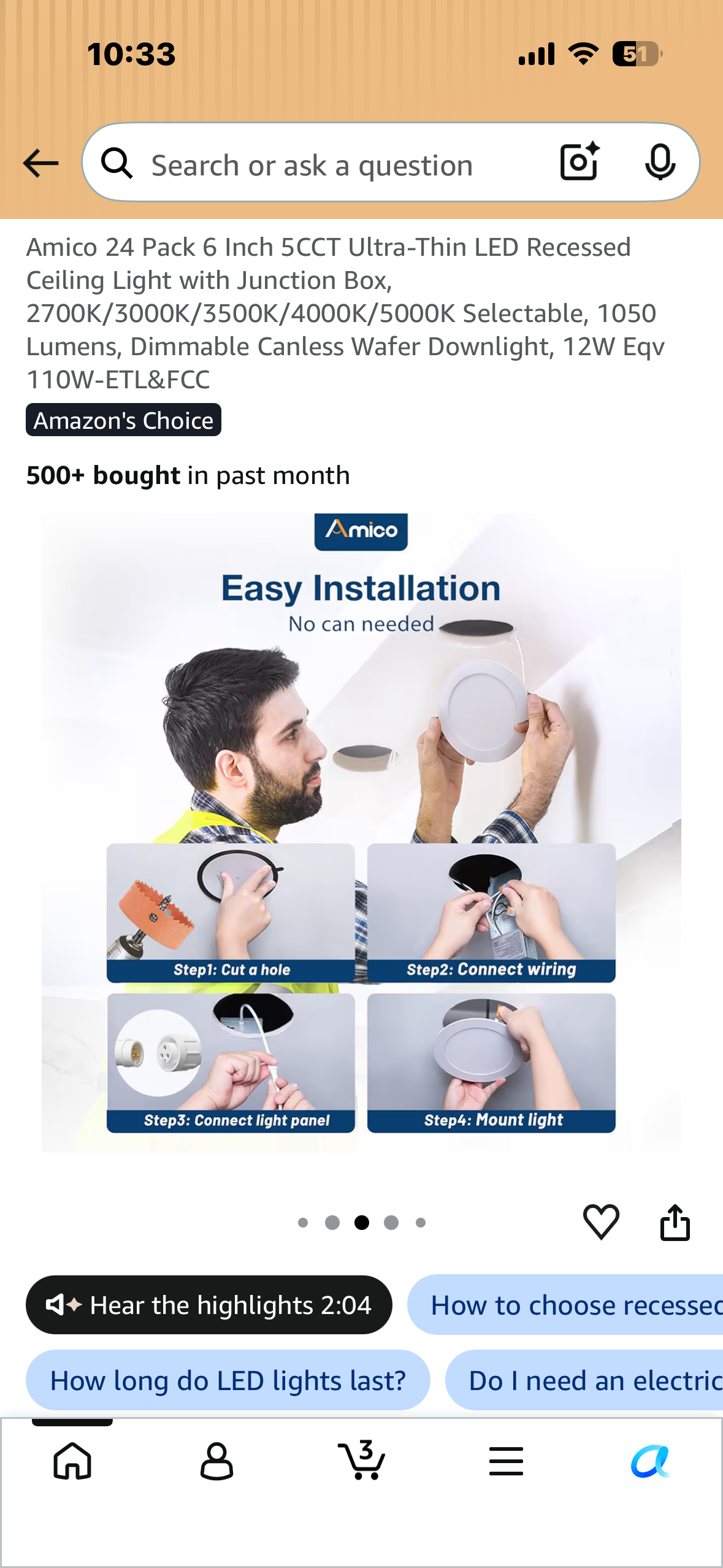 Amico 24 Pack, 6 Inch 5CCT Ultra-Thin LED Recessed Ceiling Light with Junction Box, 2700K/3000K/3500K/4000K/5000K Selectable, 1050 Lumens, Dimmable Canless Wafer Downlight, 12W Eqv 110W-ETL&FCC