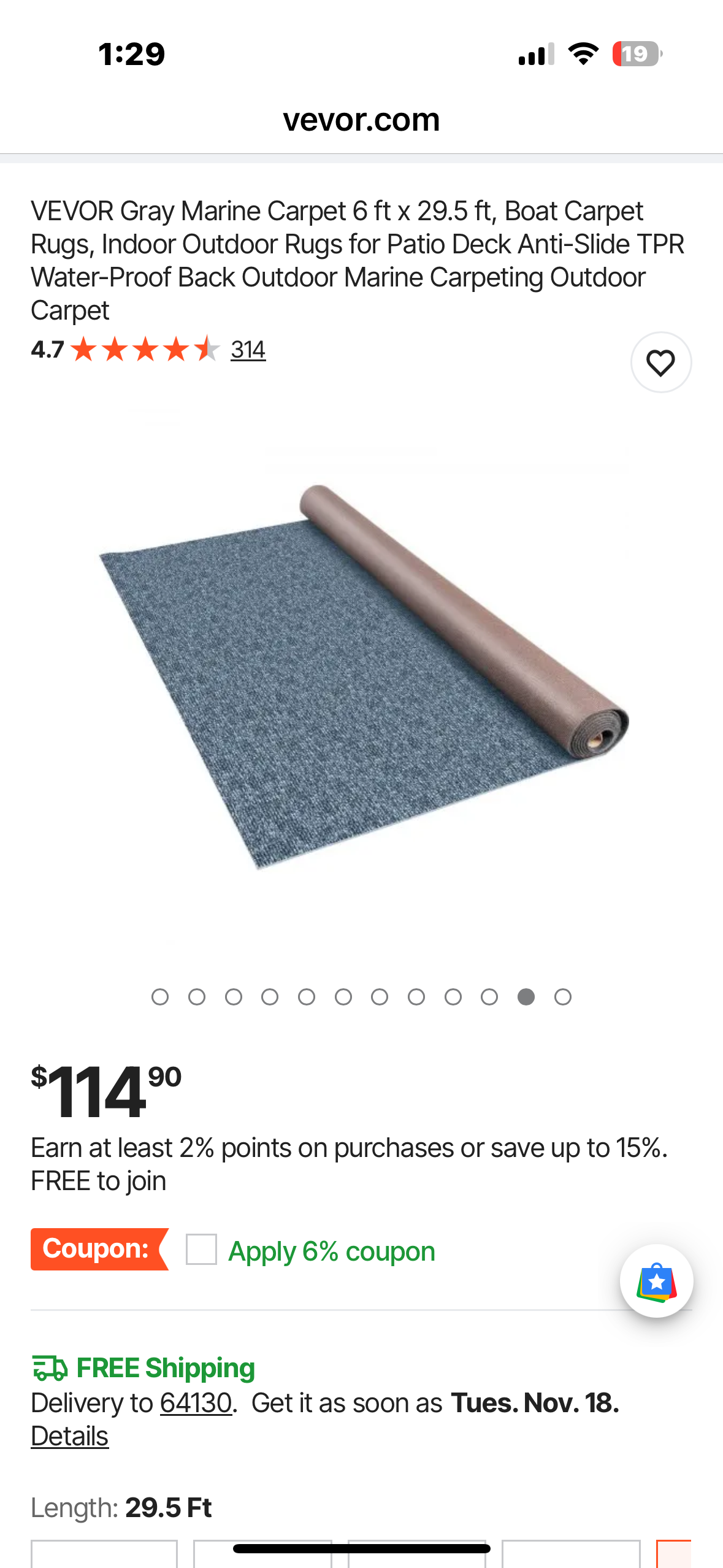 VEVOR Smokey Gray Marine Carpet 6 ft x 29.5 ft, Boat Carpet Rugs, Indoor Outdoor Rugs for Patio, Deck, Anti-Slide TPR Water-Proof Back, Outdoor Carpet (G914)