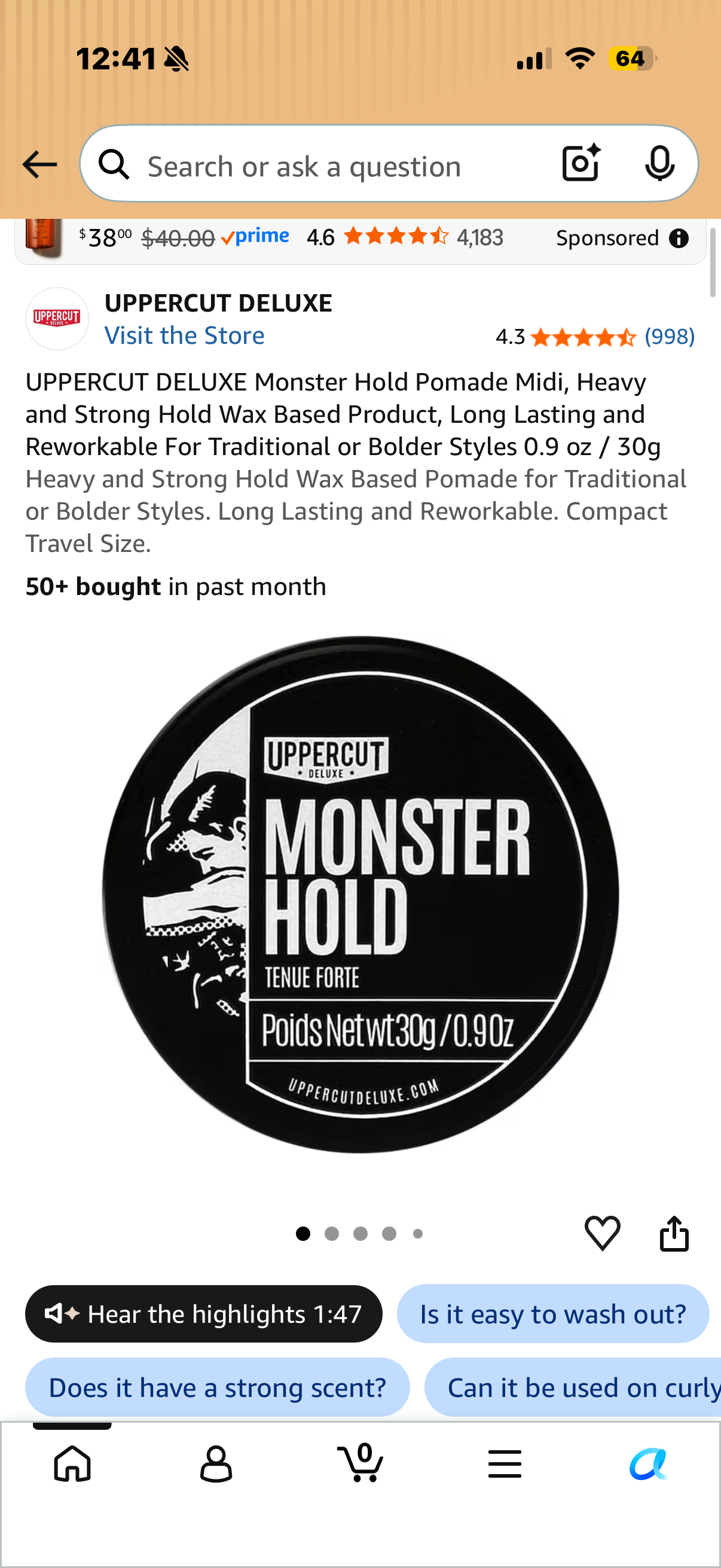 6 PM - Door Buster UPPERCUT DELUXE Monster Hold Pomade Midi, Heavy Hold Travel Size