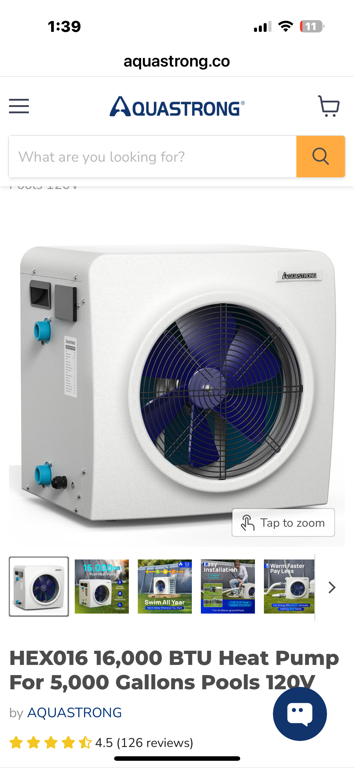 AQUASTRONG HEX016, 16,000 BTU Heat Pump For 5,000 Gallon
Pools 120V (R740)