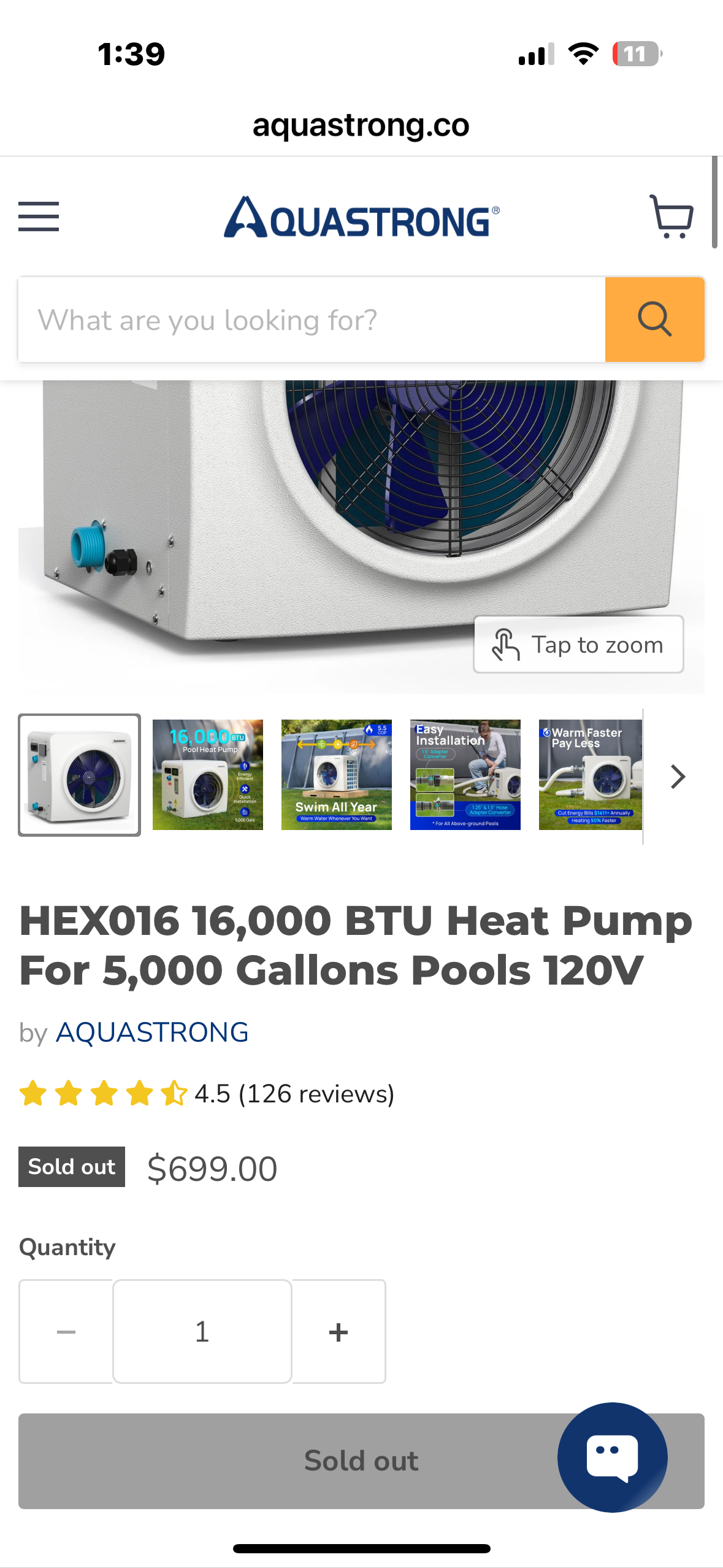 AQUASTRONG HEX016, 16,000 BTU Heat Pump For 5,000 Gallon
Pools 120V (R740)