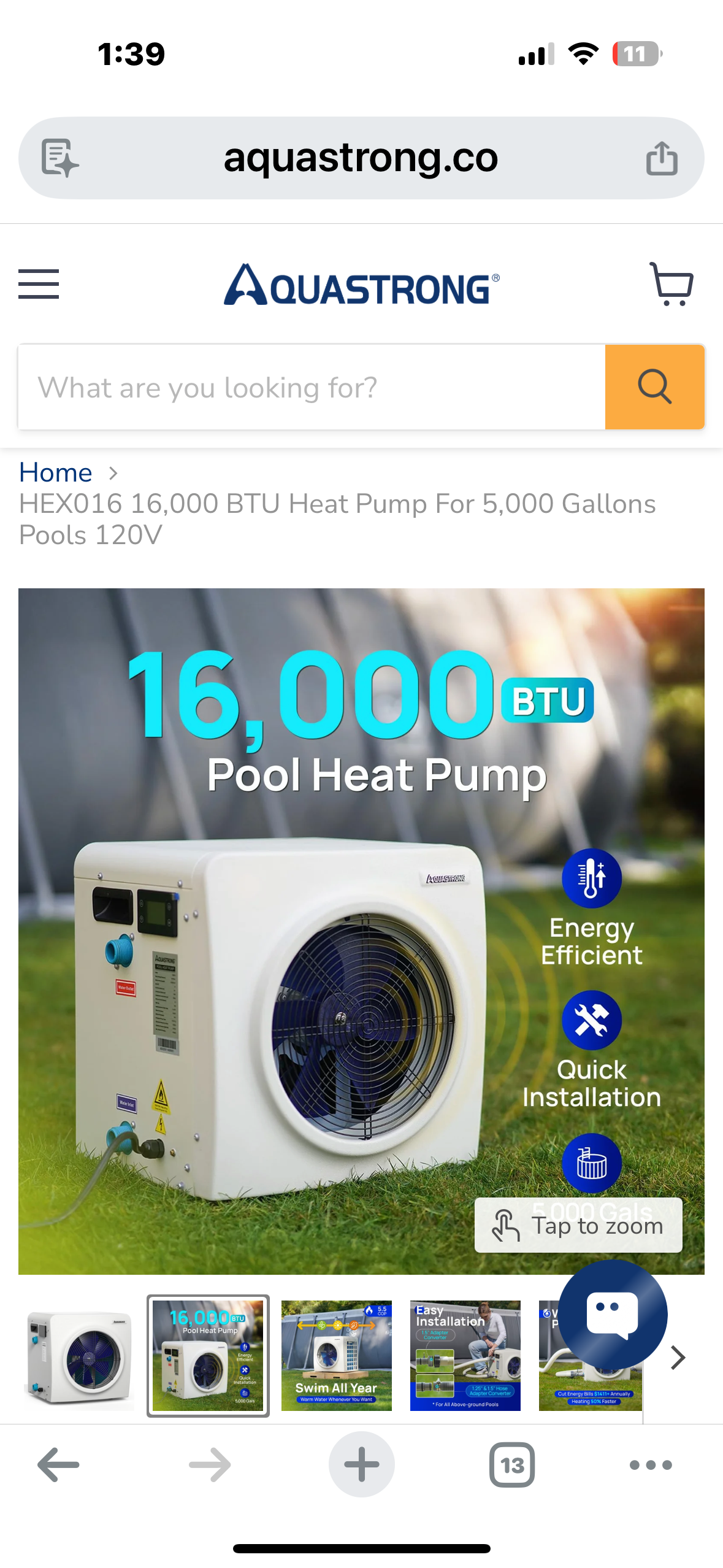 AQUASTRONG HEX016, 16,000 BTU Heat Pump For 5,000 Gallon
Pools 120V (R740)