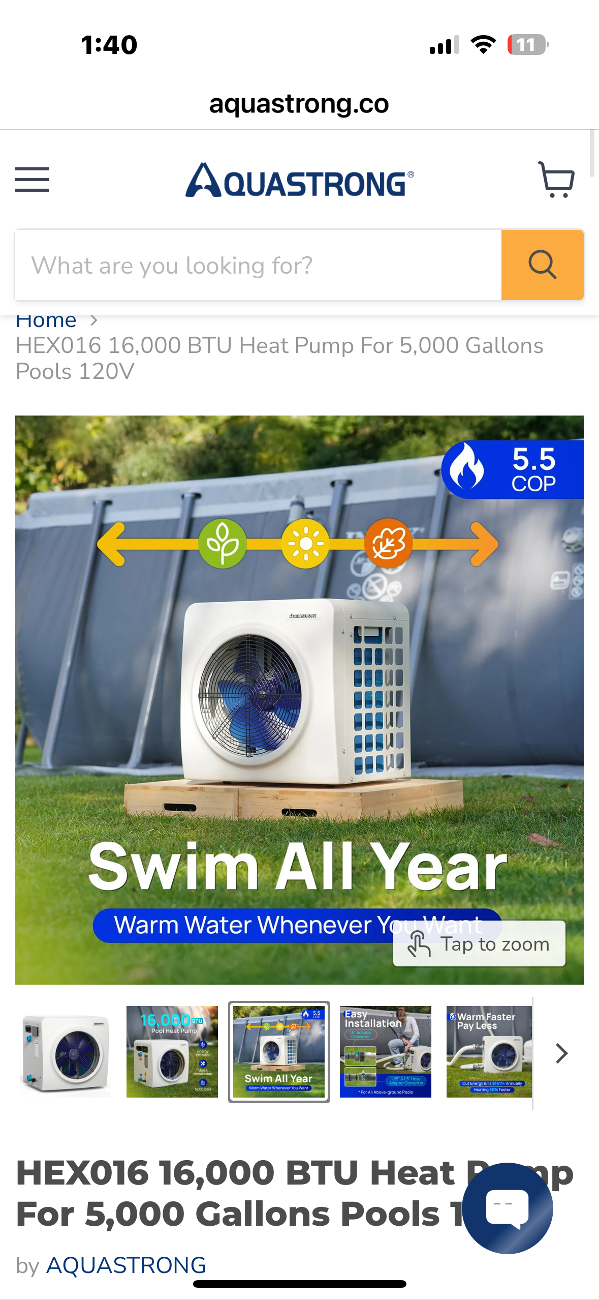 AQUASTRONG HEX016, 16,000 BTU Heat Pump For 5,000 Gallon
Pools 120V (R740)