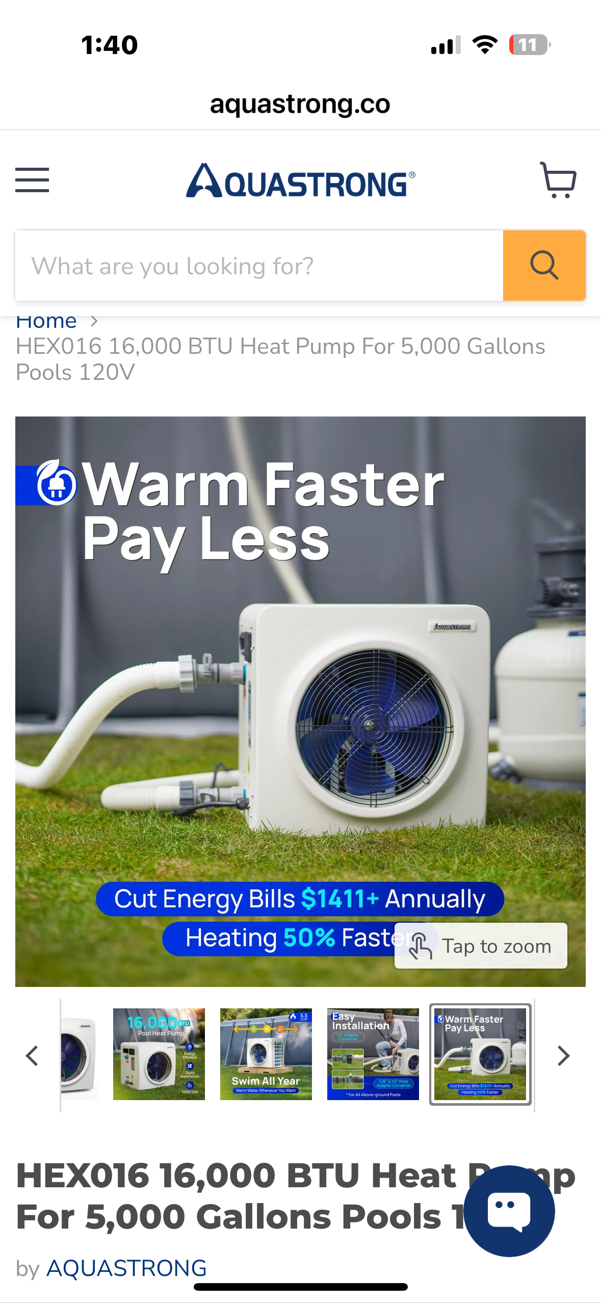 AQUASTRONG HEX016, 16,000 BTU Heat Pump For 5,000 Gallon
Pools 120V (R740)