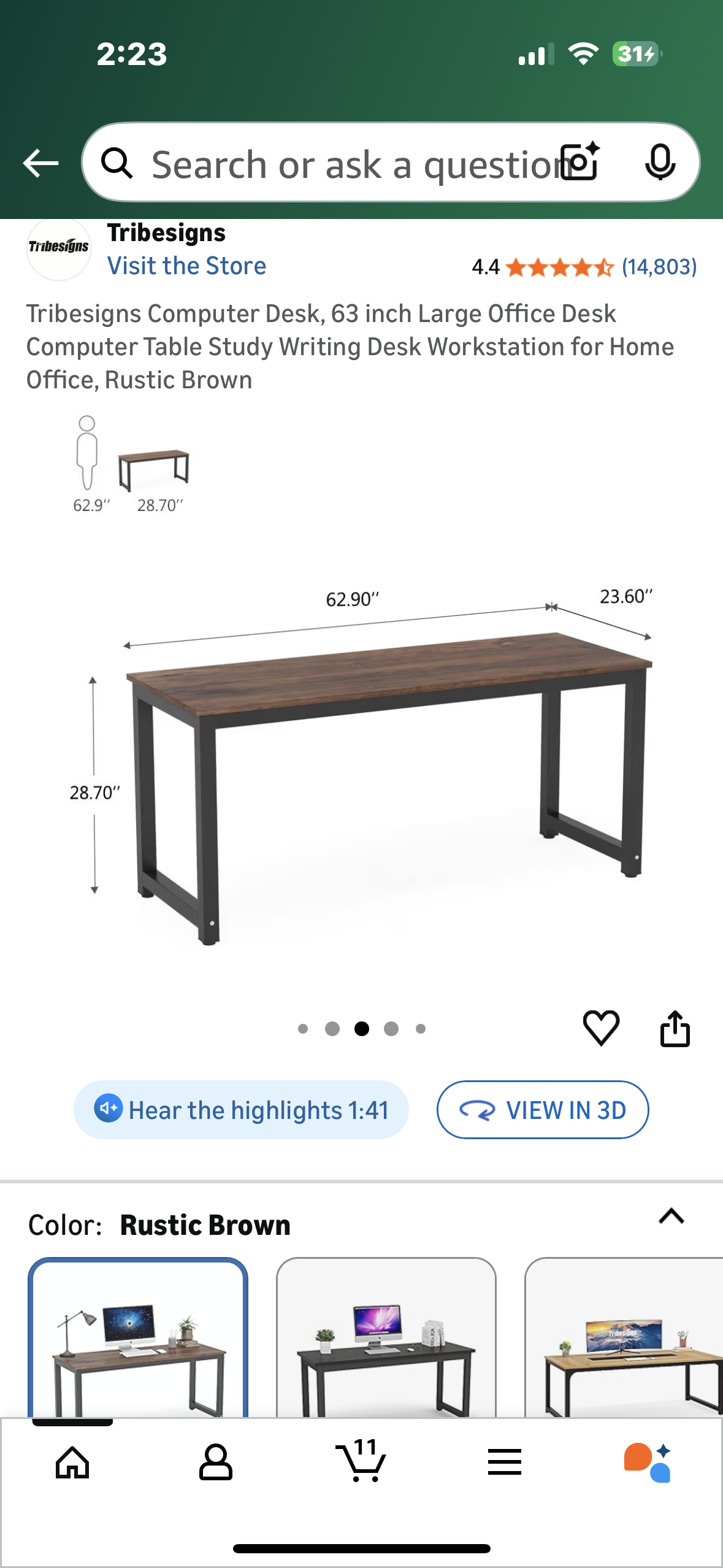 Tribesigns Computer Desk, 63 inch Large Office Desk, Computer Table, Study or Writing Desk, Workstation for Home Office, Rustic Brown (O459)