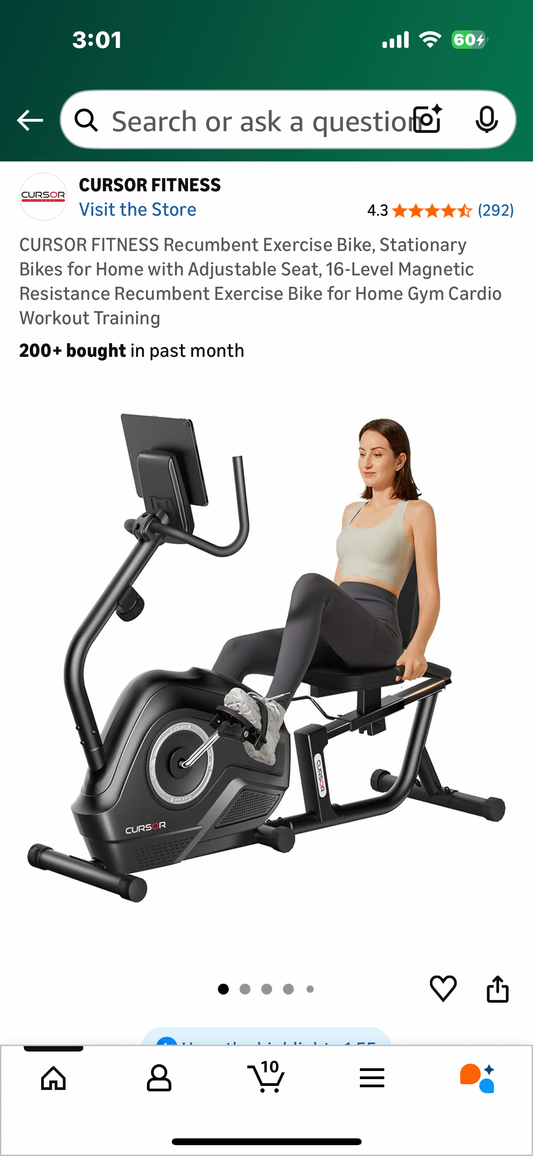 CURSOR FITNESS CBR60 Recumbent Exercise Bike, Stationary Bike for Home with Adjustable Seat, 16-Level Magnetic Resistance Recumbent Exercise Bike for Home Gym Cardio Training (W544)