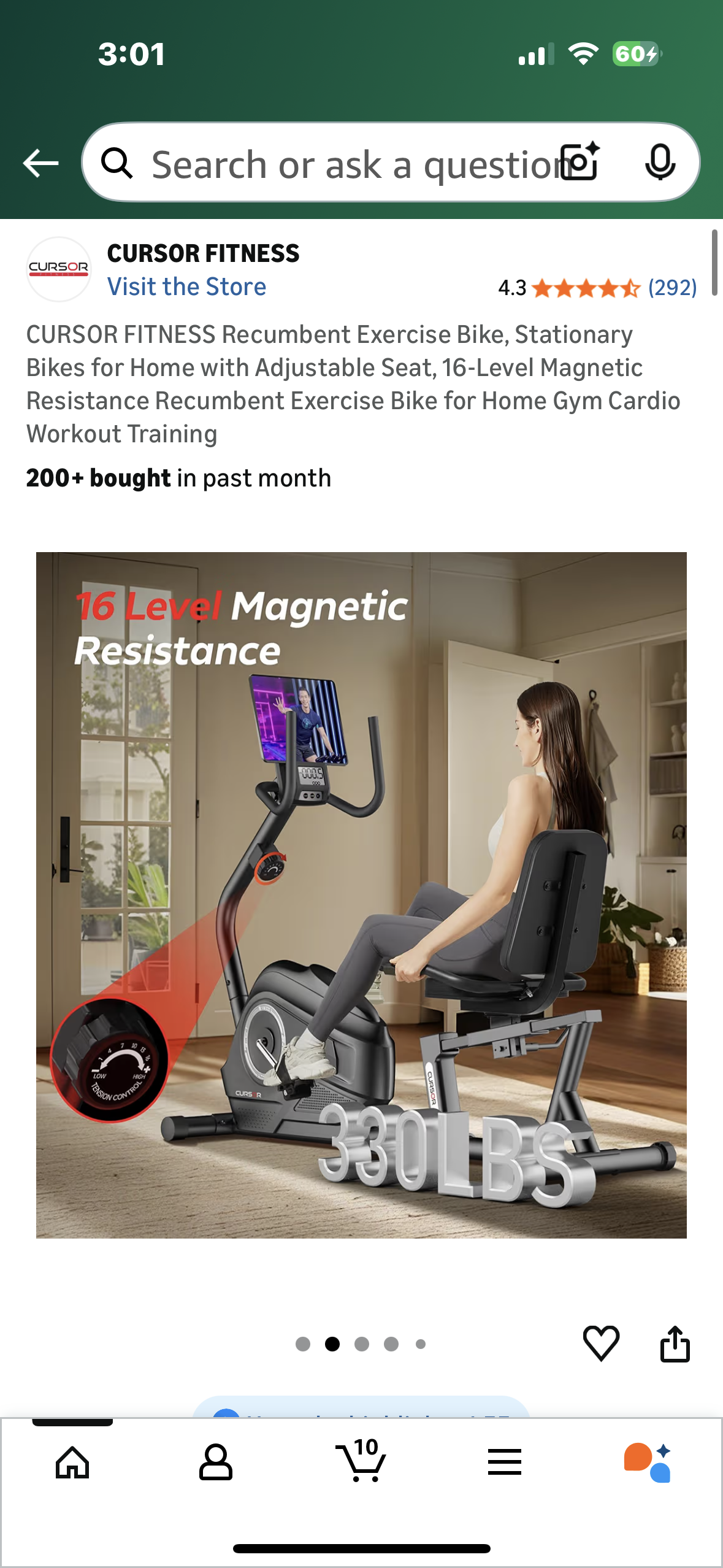 CURSOR FITNESS CBR60 Recumbent Exercise Bike, Stationary Bike for Home with Adjustable Seat, 16-Level Magnetic Resistance Recumbent Exercise Bike for Home Gym Cardio Training (W544)