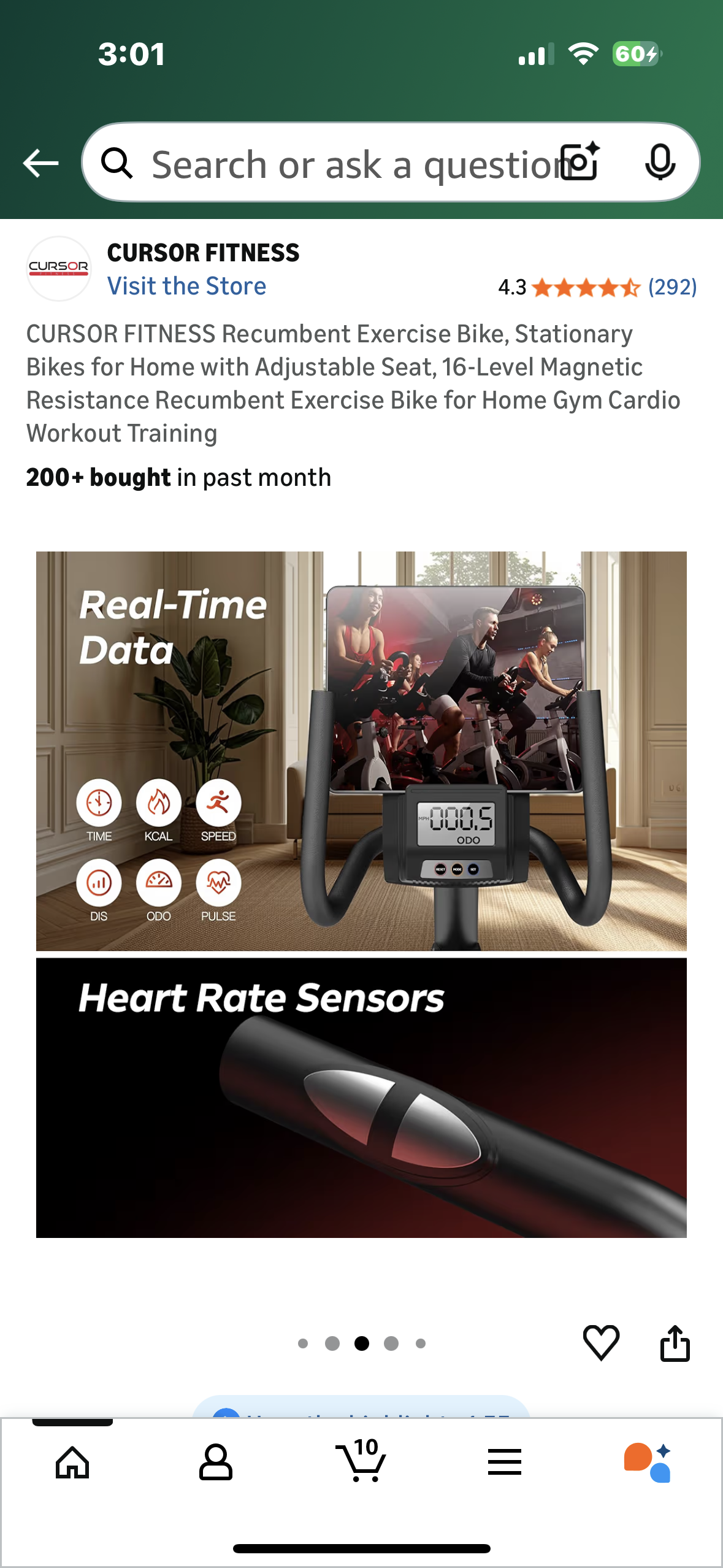 CURSOR FITNESS CBR60 Recumbent Exercise Bike, Stationary Bike for Home with Adjustable Seat, 16-Level Magnetic Resistance Recumbent Exercise Bike for Home Gym Cardio Training (W544)