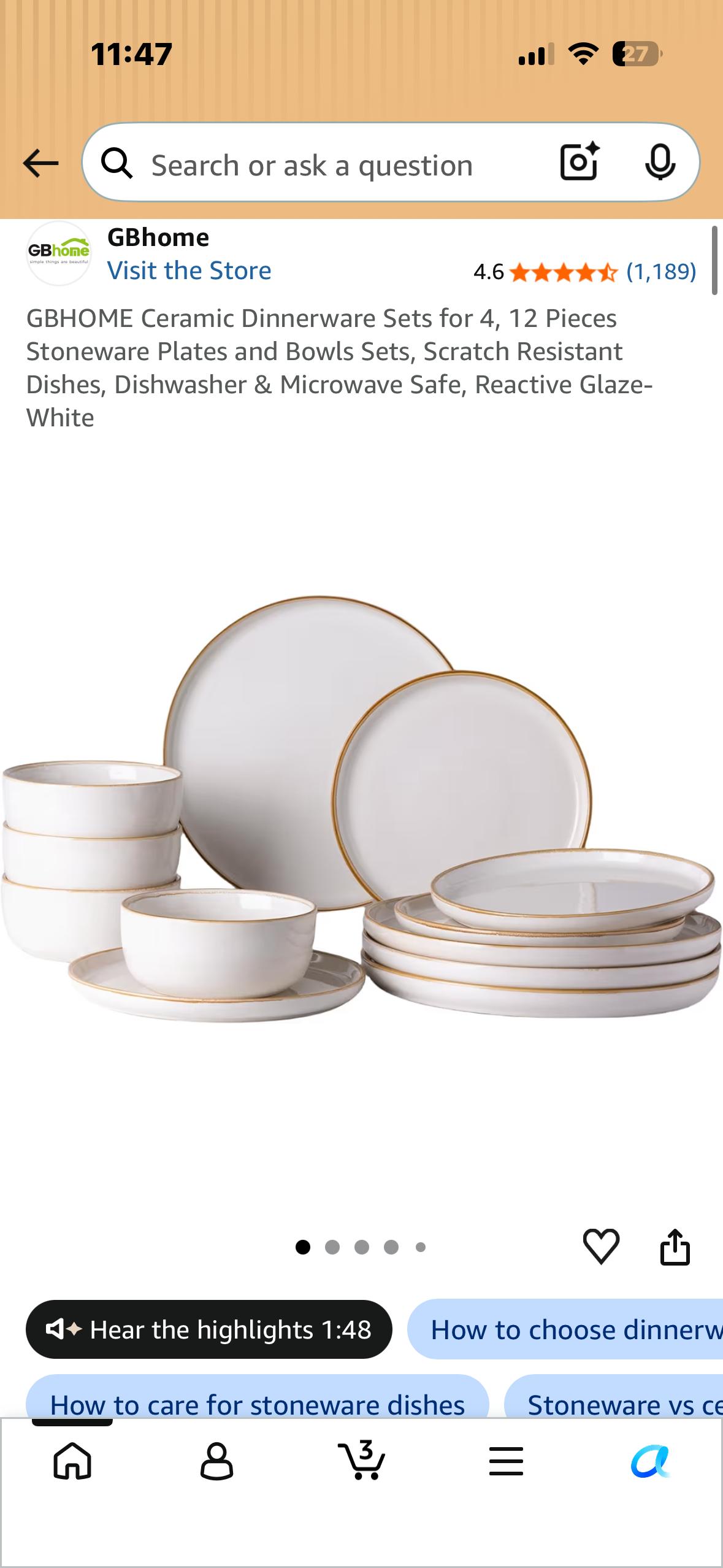 GBHOME Ceramic Dinnerware Sets for 4, 12 Pieces Stoneware Plates and Bowls Sets, Scratch Resistant Dishes, Dishwasher & Microwave Safe, Reactive White