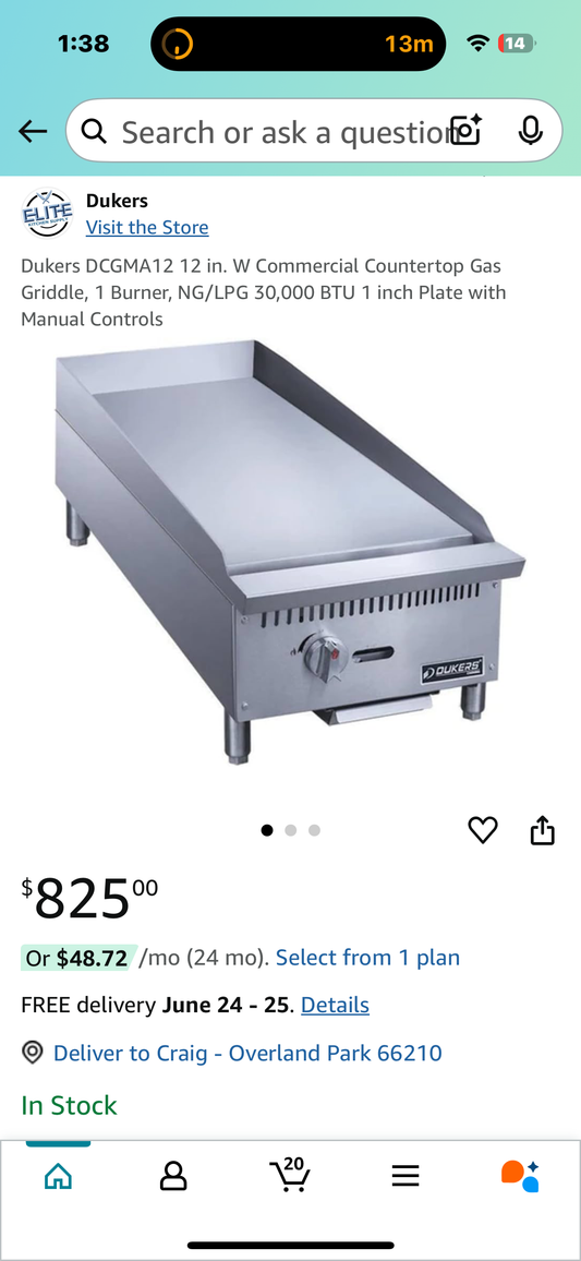 New - Dukers DCGMA12 12” Commercial Countertop Gas Griddle, 1 Burner, NG/LPG 30,000 BTU 1 inch Plate with Manual Controls (R551)