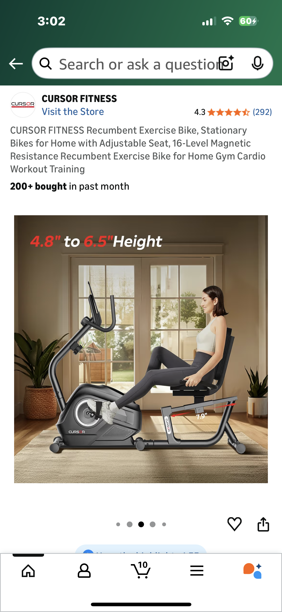 CURSOR FITNESS CBR60 Recumbent Exercise Bike, Stationary Bike for Home with Adjustable Seat, 16-Level Magnetic Resistance Recumbent Exercise Bike for Home Gym Cardio Training (W544)