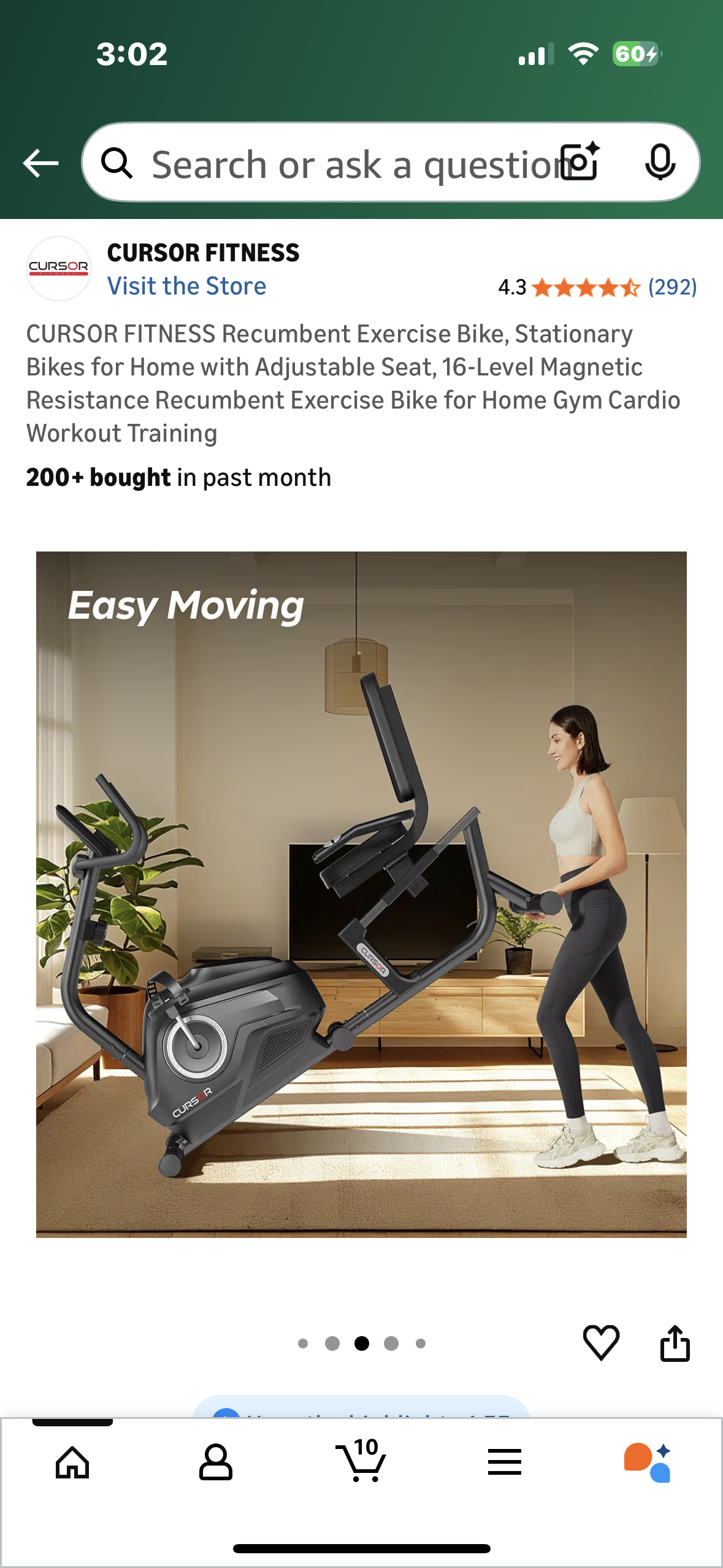 CURSOR FITNESS CBR60 Recumbent Exercise Bike, Stationary Bike for Home with Adjustable Seat, 16-Level Magnetic Resistance Recumbent Exercise Bike for Home Gym Cardio Training (W544)