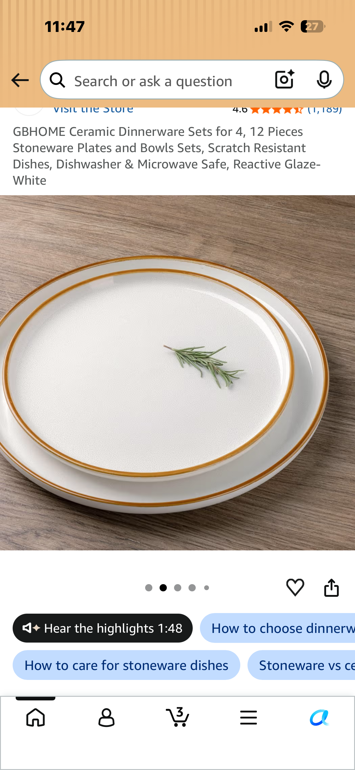 GBHOME Ceramic Dinnerware Sets for 4, 12 Pieces Stoneware Plates and Bowls Sets, Scratch Resistant Dishes, Dishwasher & Microwave Safe, Reactive White