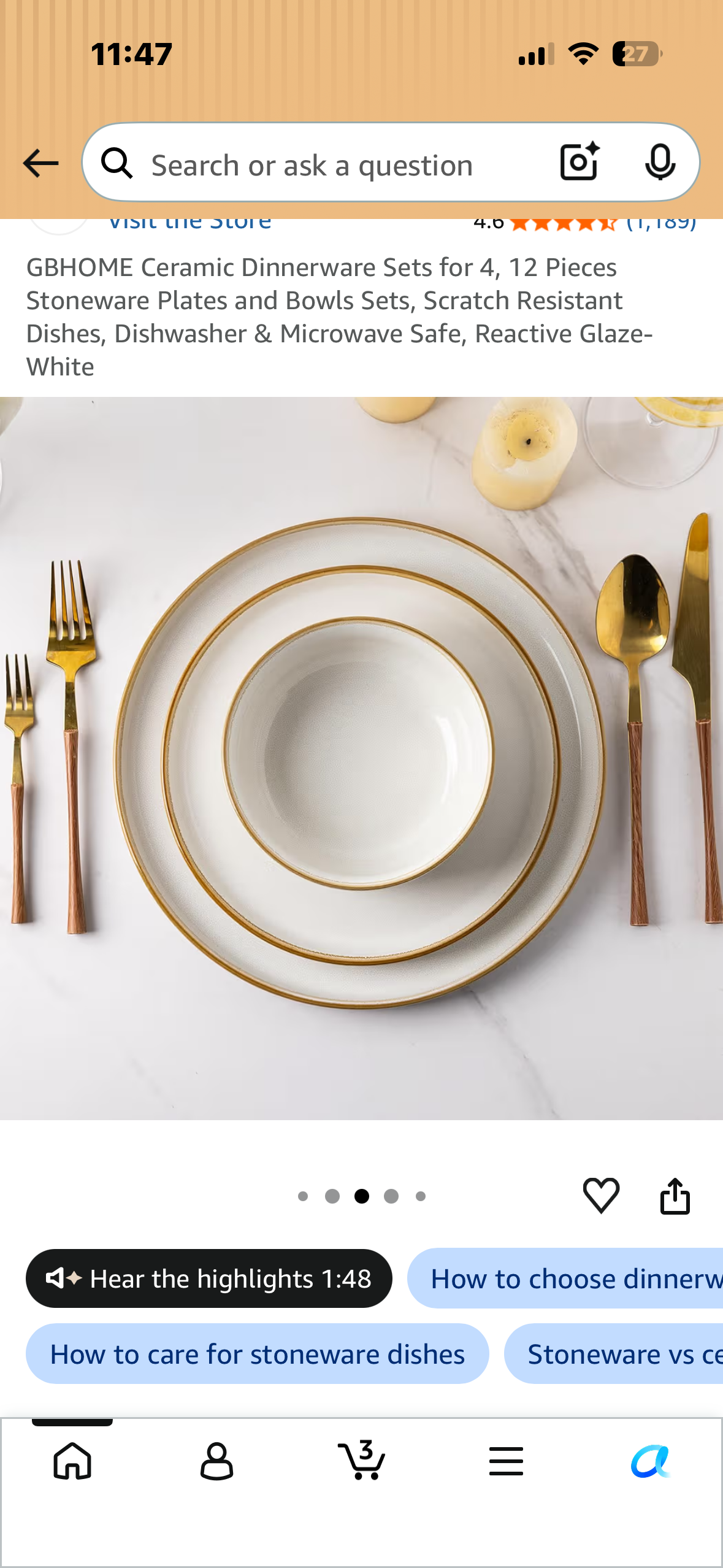GBHOME Ceramic Dinnerware Sets for 4, 12 Pieces Stoneware Plates and Bowls Sets, Scratch Resistant Dishes, Dishwasher & Microwave Safe, Reactive White