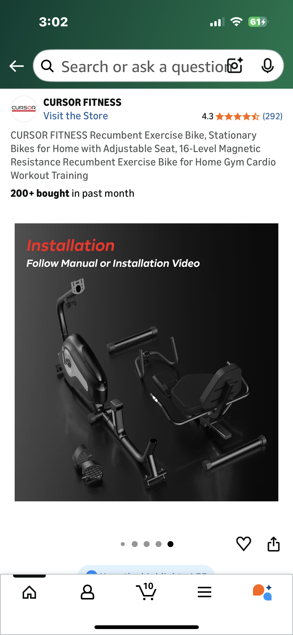 CURSOR FITNESS CBR60 Recumbent Exercise Bike, Stationary Bike for Home with Adjustable Seat, 16-Level Magnetic Resistance Recumbent Exercise Bike for Home Gym Cardio Training (W544)