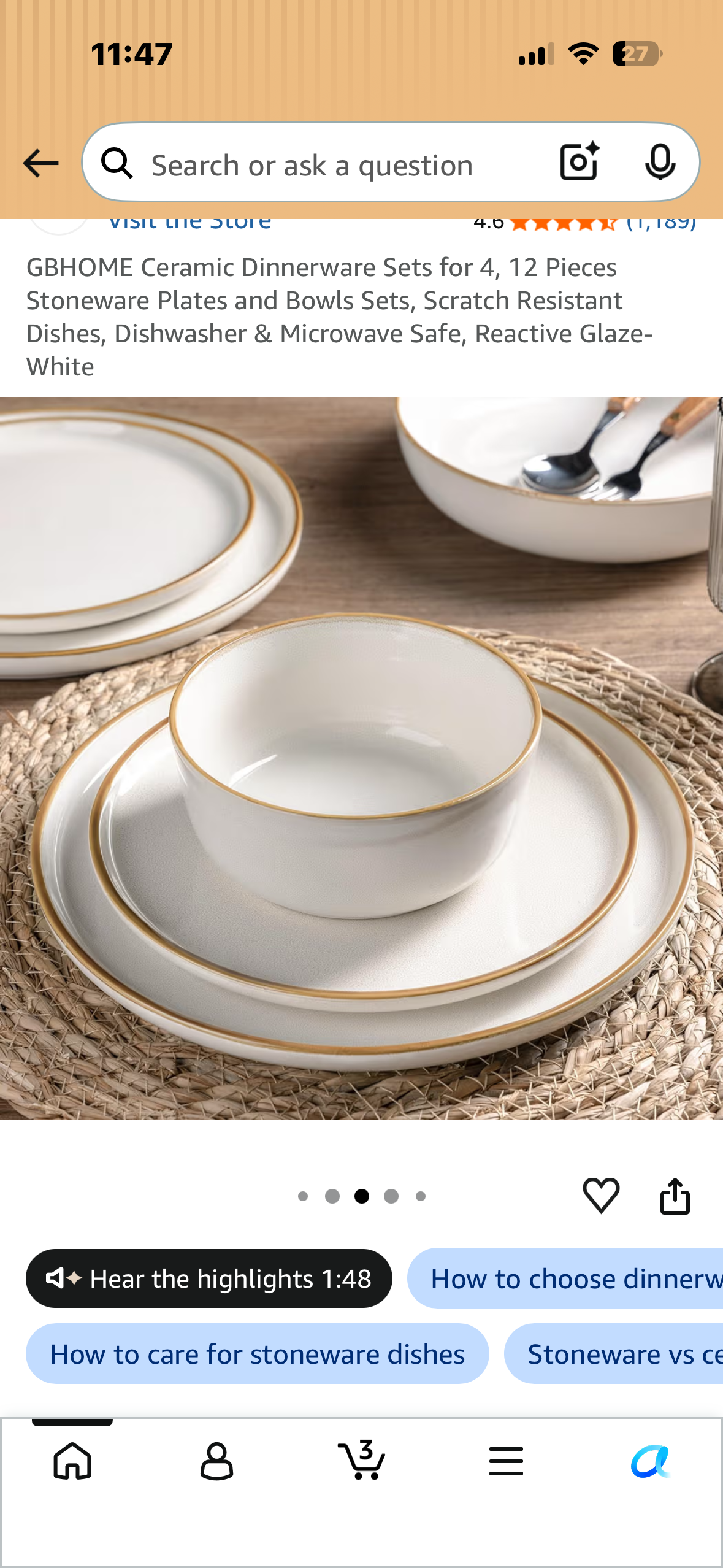 GBHOME Ceramic Dinnerware Sets for 4, 12 Pieces Stoneware Plates and Bowls Sets, Scratch Resistant Dishes, Dishwasher & Microwave Safe, Reactive White