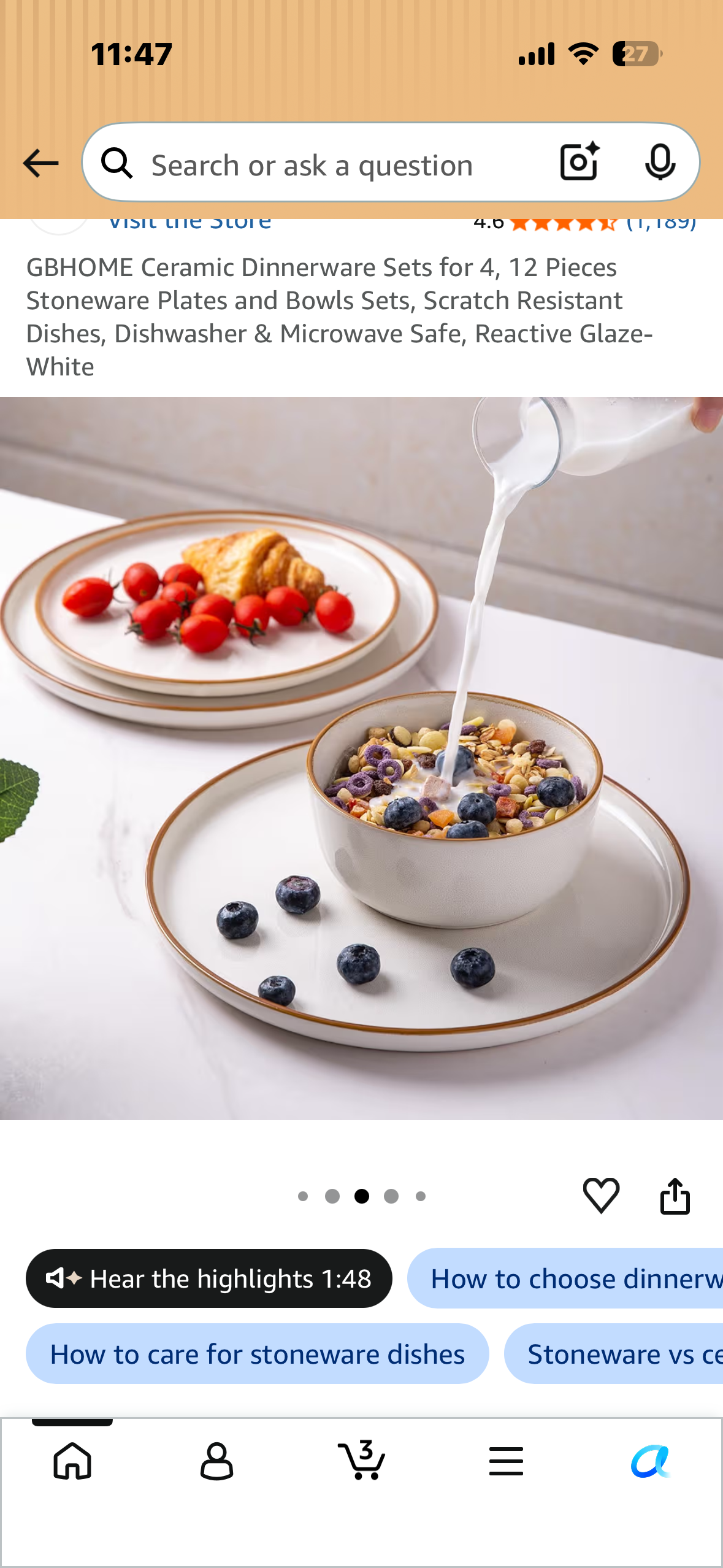 GBHOME Ceramic Dinnerware Sets for 4, 12 Pieces Stoneware Plates and Bowls Sets, Scratch Resistant Dishes, Dishwasher & Microwave Safe, Reactive White