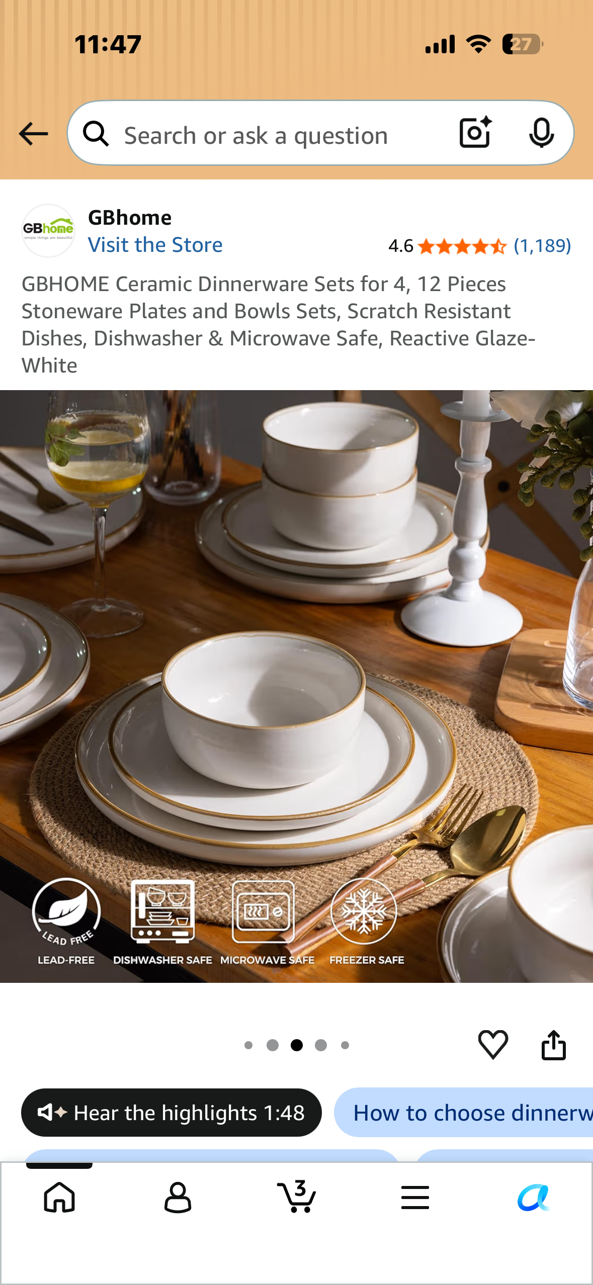 GBHOME Ceramic Dinnerware Sets for 4, 12 Pieces Stoneware Plates and Bowls Sets, Scratch Resistant Dishes, Dishwasher & Microwave Safe, Reactive White