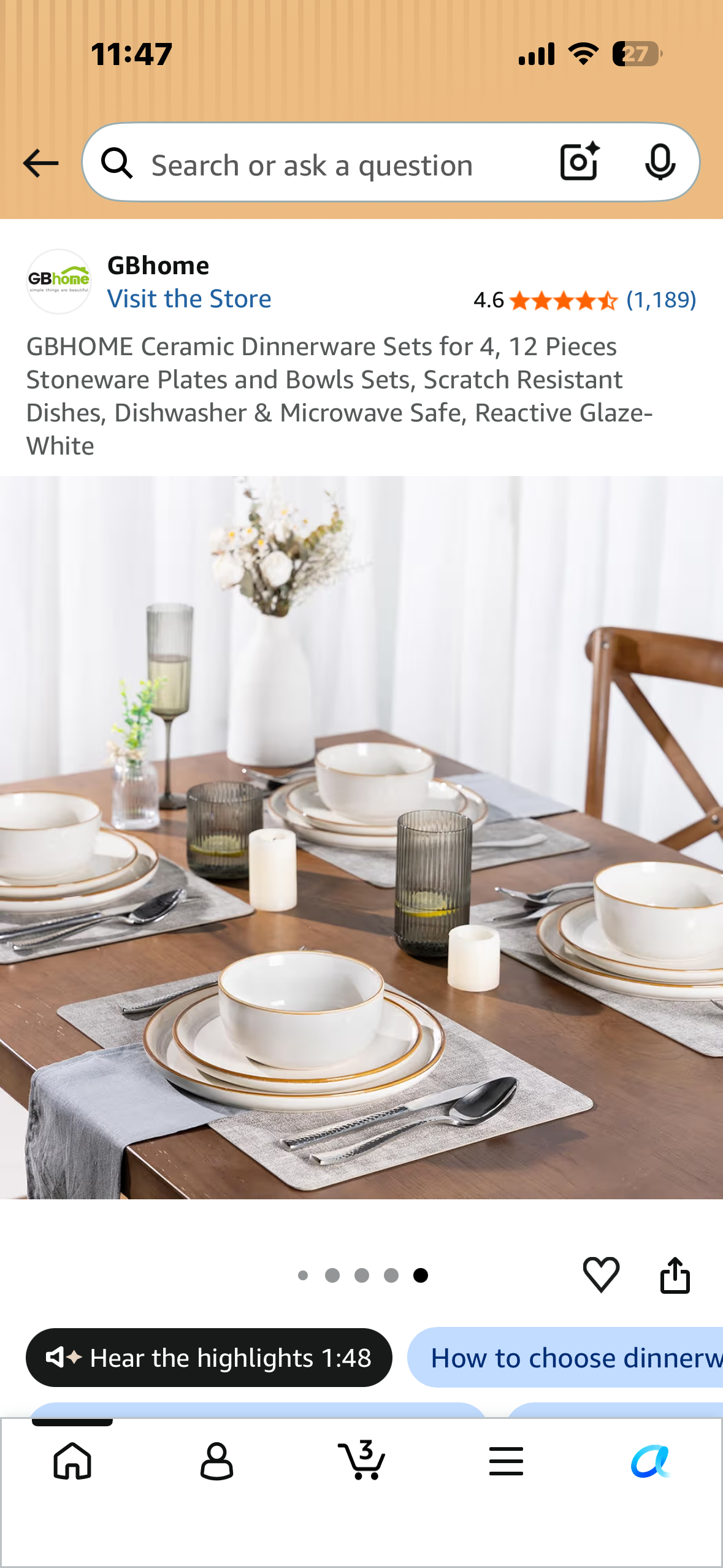 GBHOME Ceramic Dinnerware Sets for 4, 12 Pieces Stoneware Plates and Bowls Sets, Scratch Resistant Dishes, Dishwasher & Microwave Safe, Reactive White