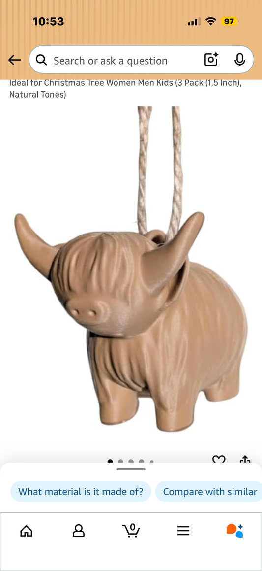 Highland Cow Christmas Ornament - Handcrafted Decor Perfect Holiday Gift for Highland Lovers Eco-Friendly Durable Ideal for Christmas Tree Women Men Kids (3 Pack (1.5 Inch), Natural Tones