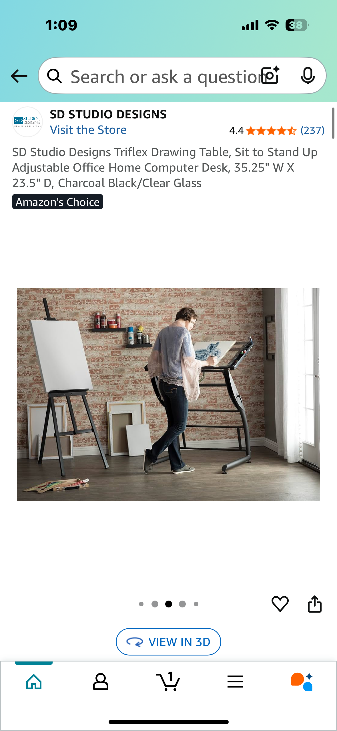 SD Studio Designs Triflex Drawing Table, Sit to Stand Up Adjustable Office Home Computer Desk, 35.25" W X 23.5" D, Charcoal Black/Clear Glass (O438)