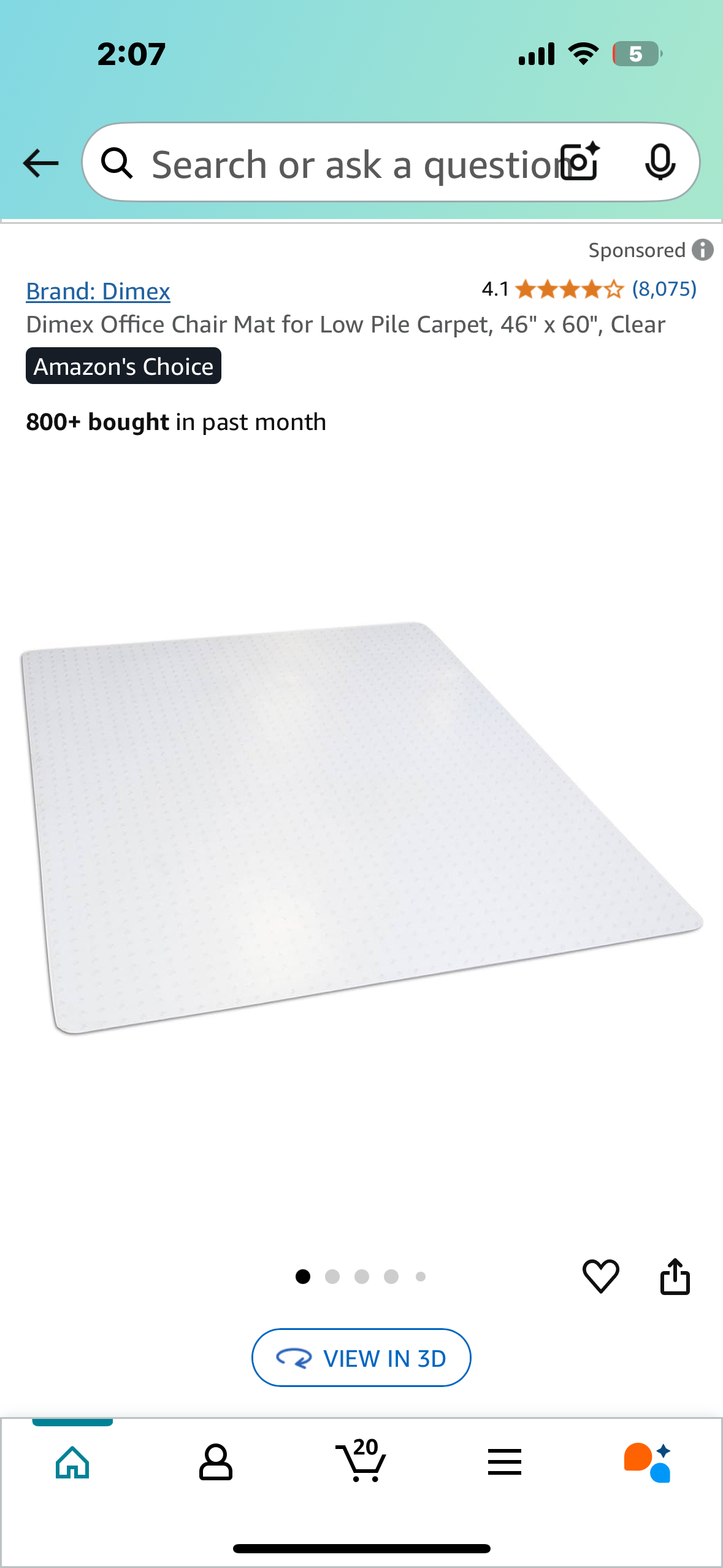 New - Dimex Office Chair Mat for Low Pile Carpet, 46" x 60", Clear (O375)