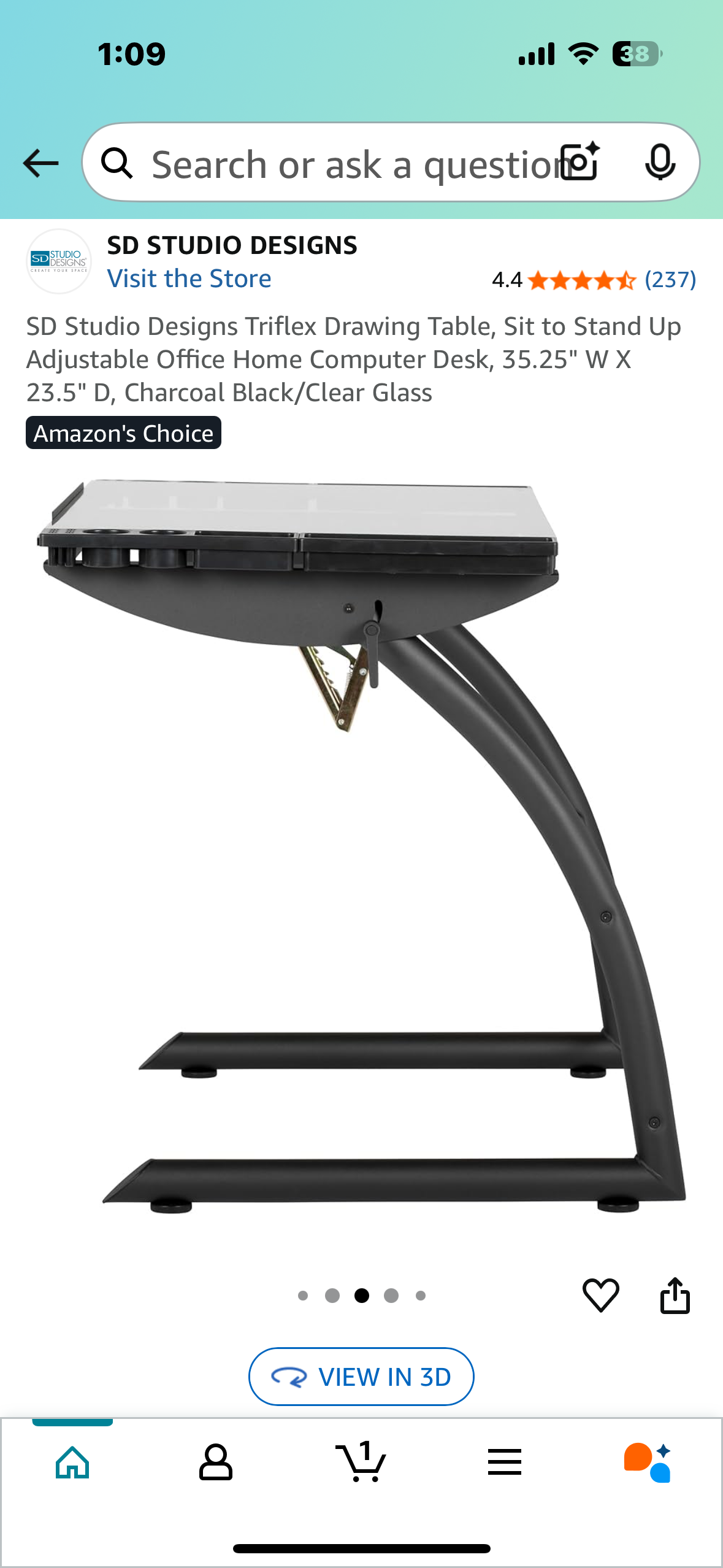 SD Studio Designs Triflex Drawing Table, Sit to Stand Up Adjustable Office Home Computer Desk, 35.25" W X 23.5" D, Charcoal Black/Clear Glass (O438)